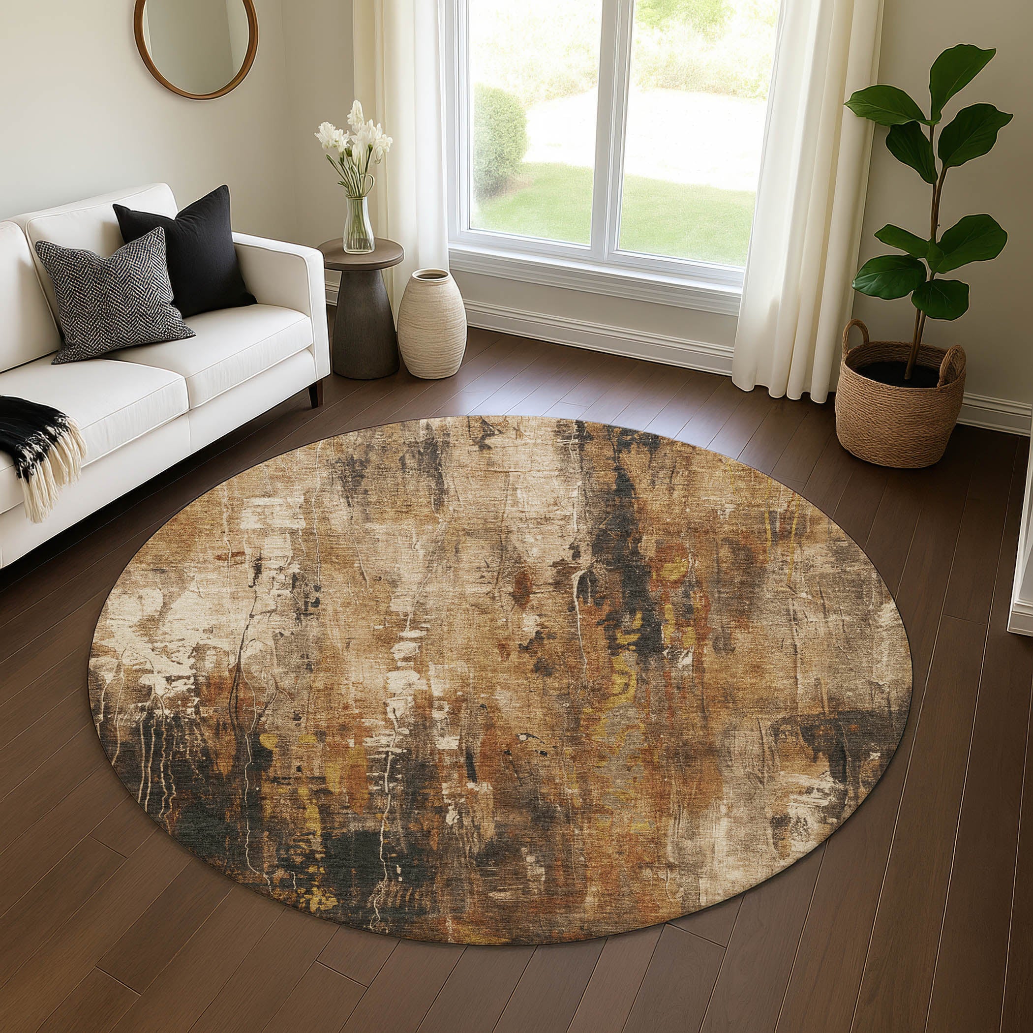 Mdina Machine Washable Transitional Taupe Brown Rug 8' x 8' #shape_Round