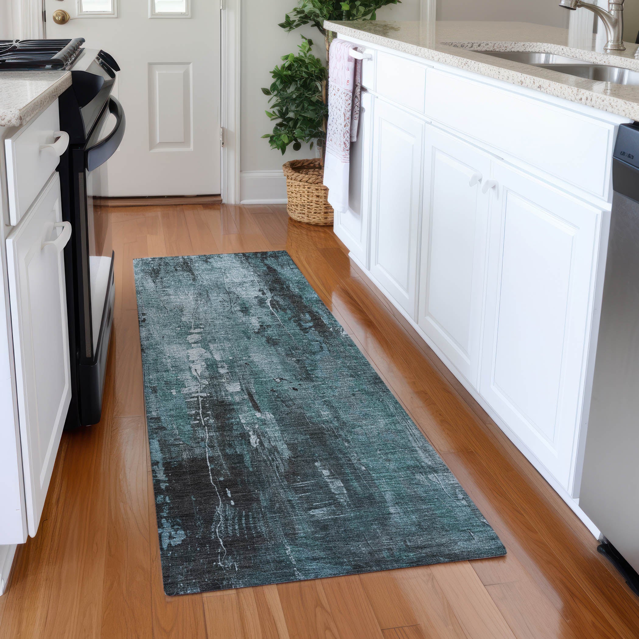 Mdina Machine Washable Transitional Teal Rug 2'3" x 7'6" #shape_Runner