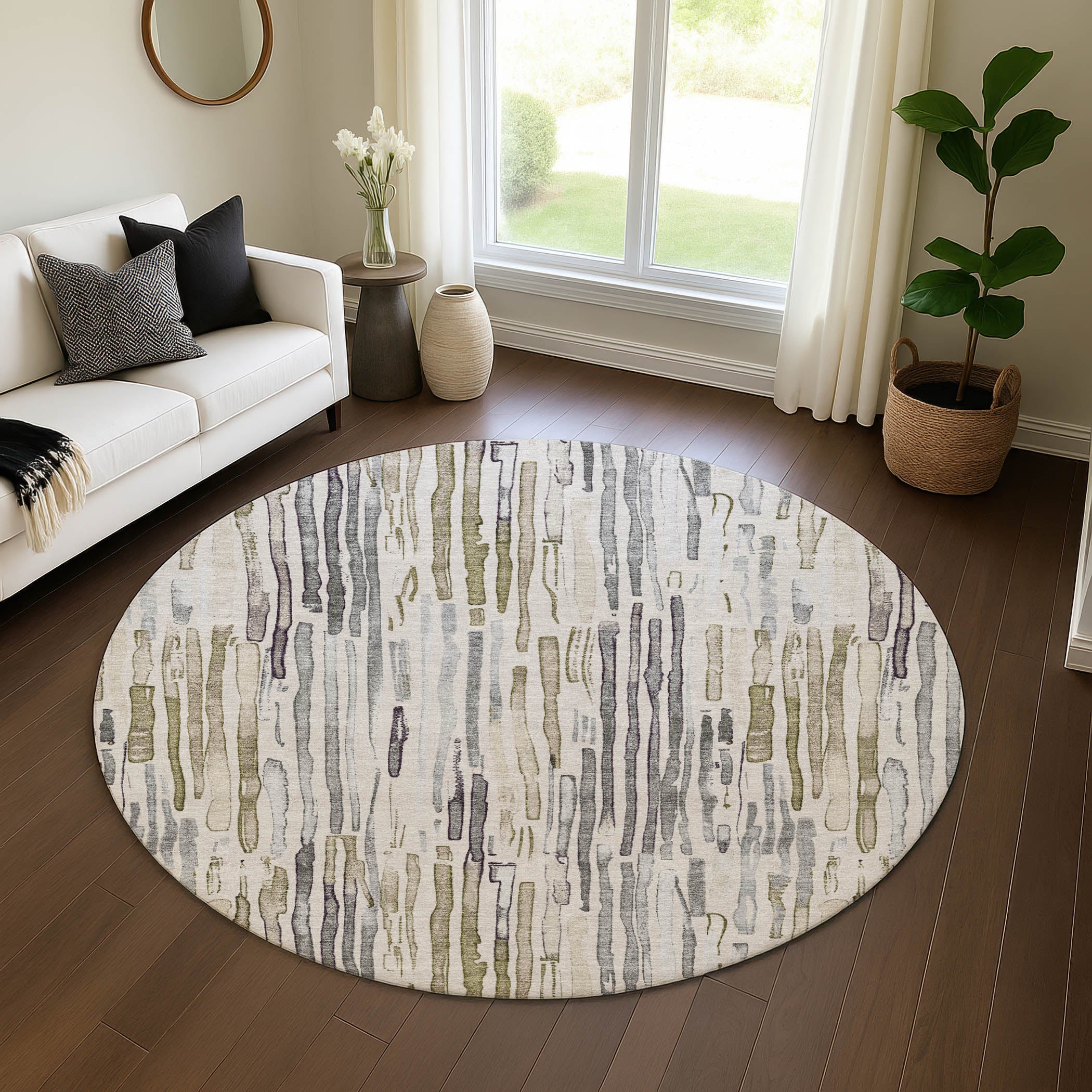 Prague Machine Washable Transitional Beige Brown Rug 8' x 8' #shape_Round