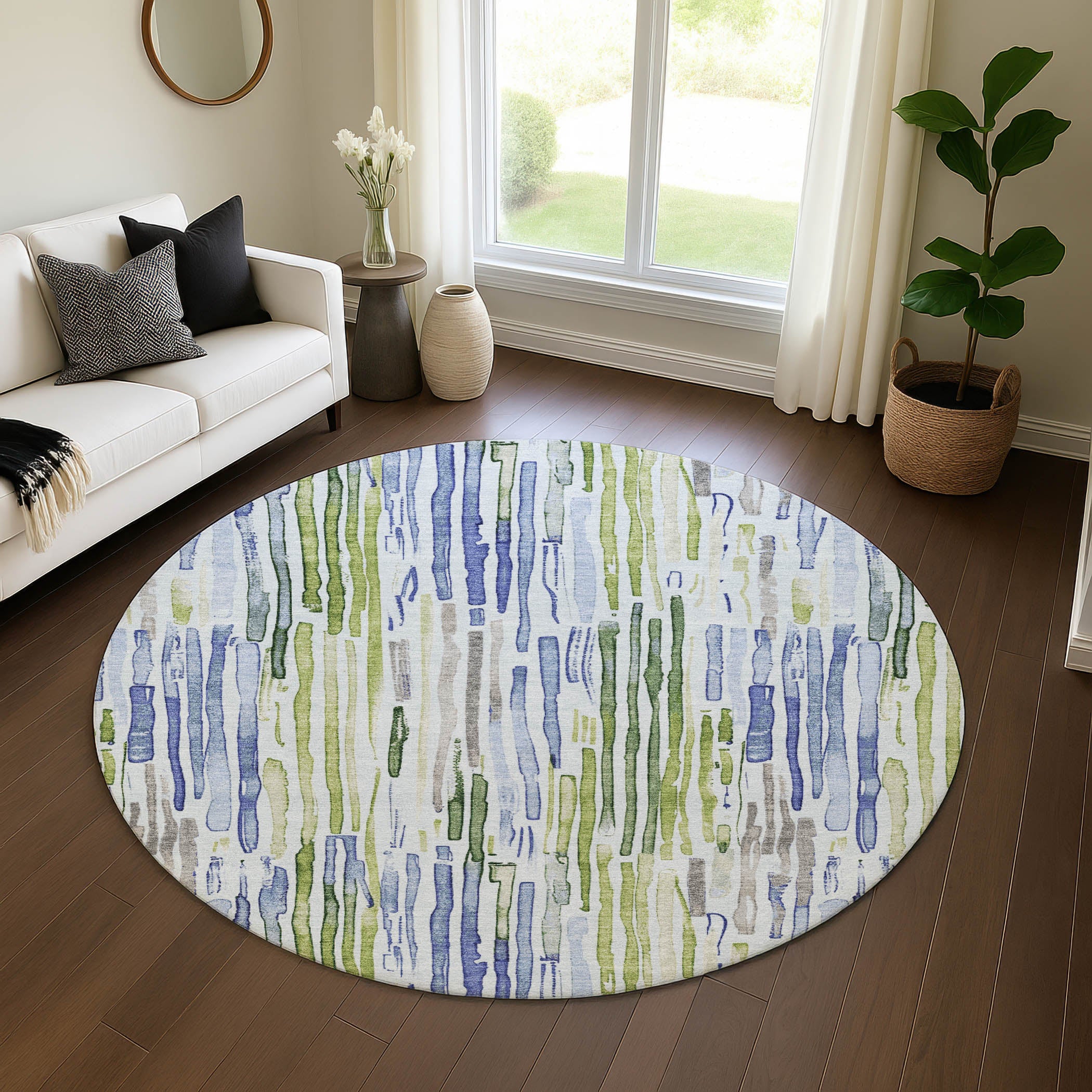 Prague Machine Washable Transitional Sky Blue Rug 8' x 8' #shape_Round