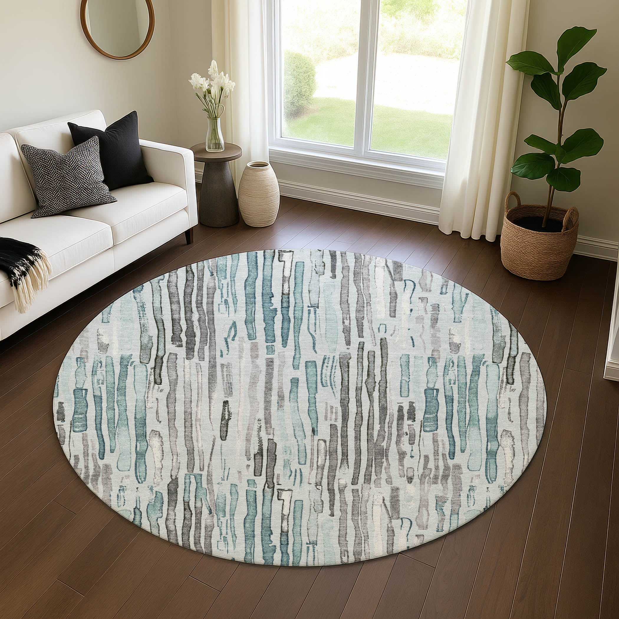 Prague Machine Washable Transitional Teal Rug 8' x 8' #shape_Round
