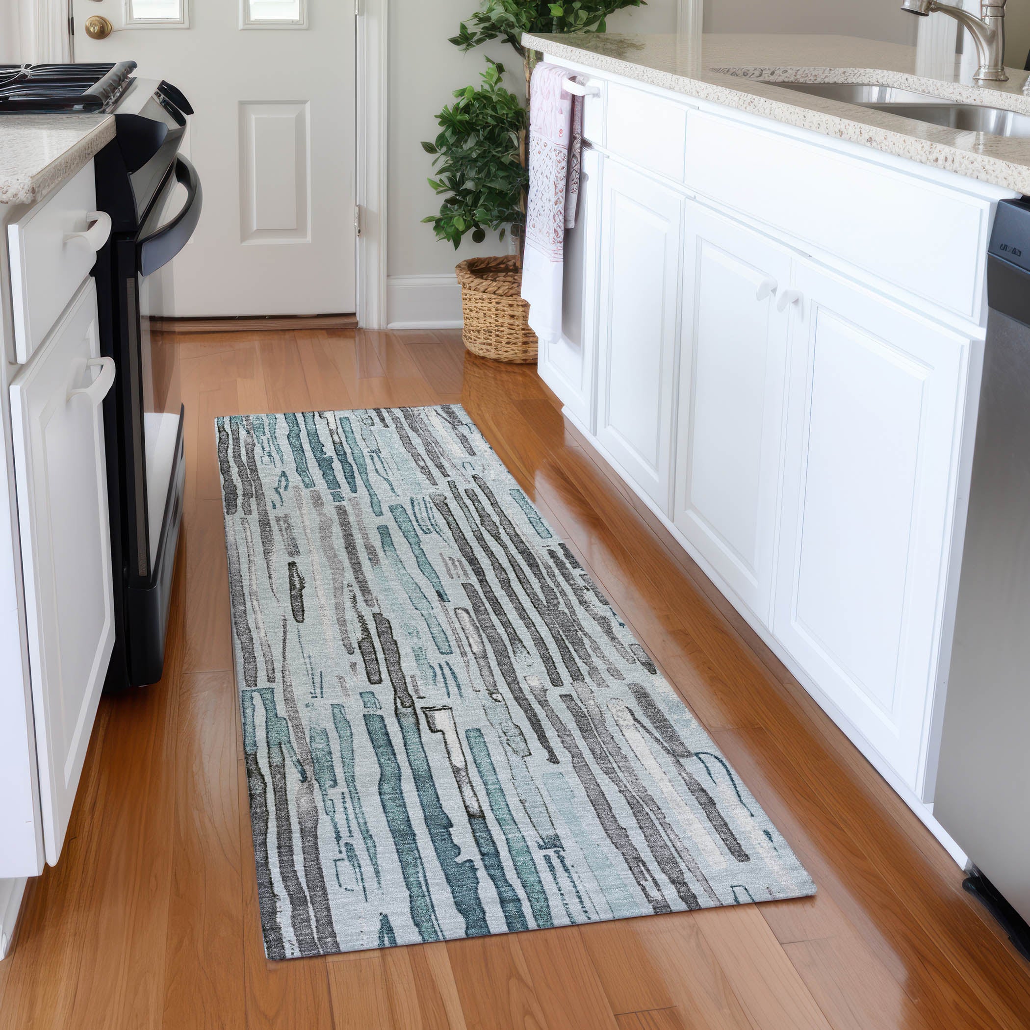 Prague Machine Washable Transitional Teal Rug 2'3" x 7'6" #shape_Runner