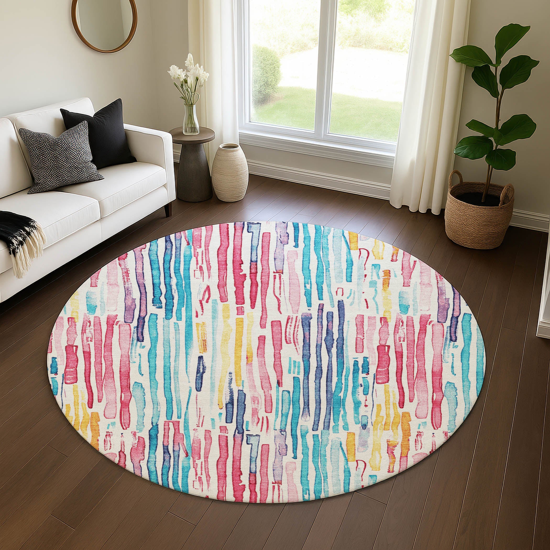Prague Machine Washable Transitional White Ivory Rug 8' x 8' #shape_Round