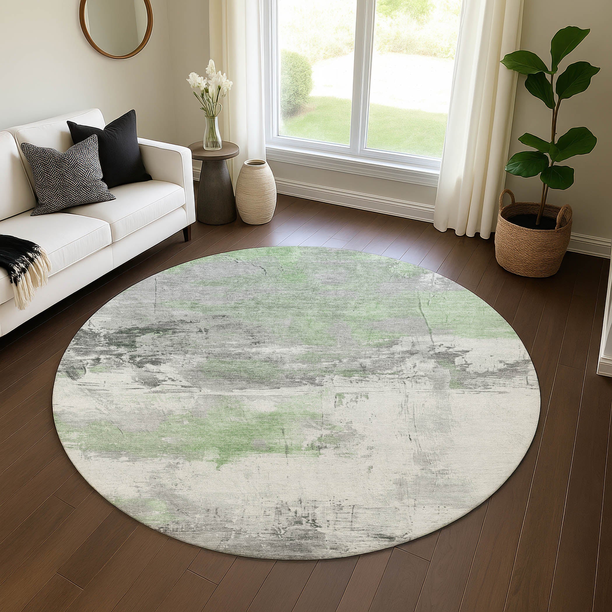 Bern Machine Washable Transitional Aloe Green Rug 8' x 8' #shape_Round
