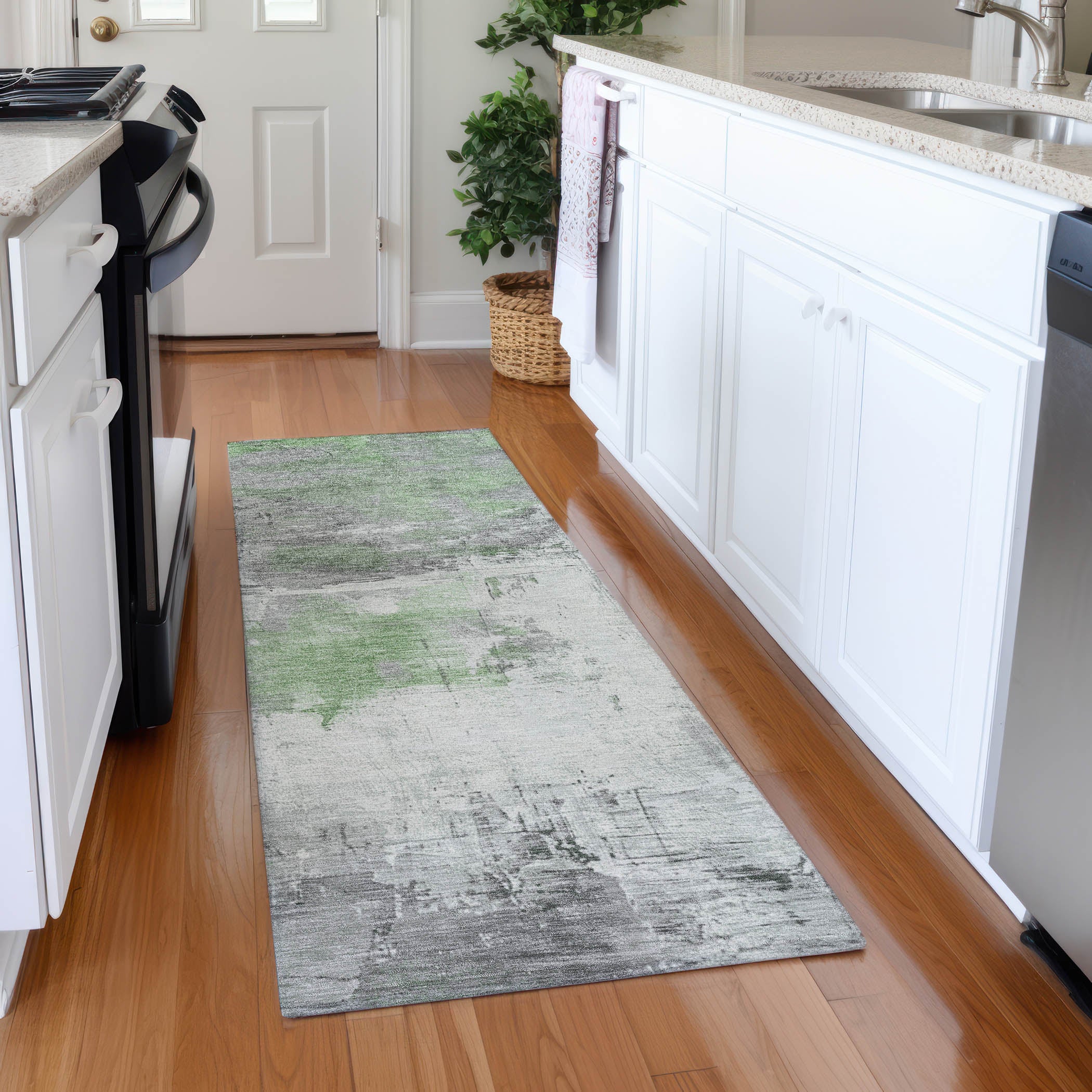 Bern Machine Washable Transitional Aloe Green Rug 2'3" x 7'6" #shape_Runner