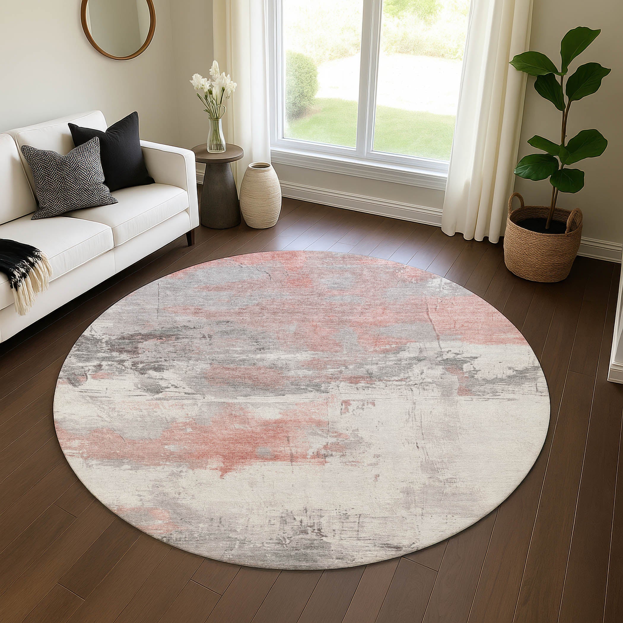 Bern Machine Washable Transitional Coral Orange Rug 8' x 8' #shape_Round