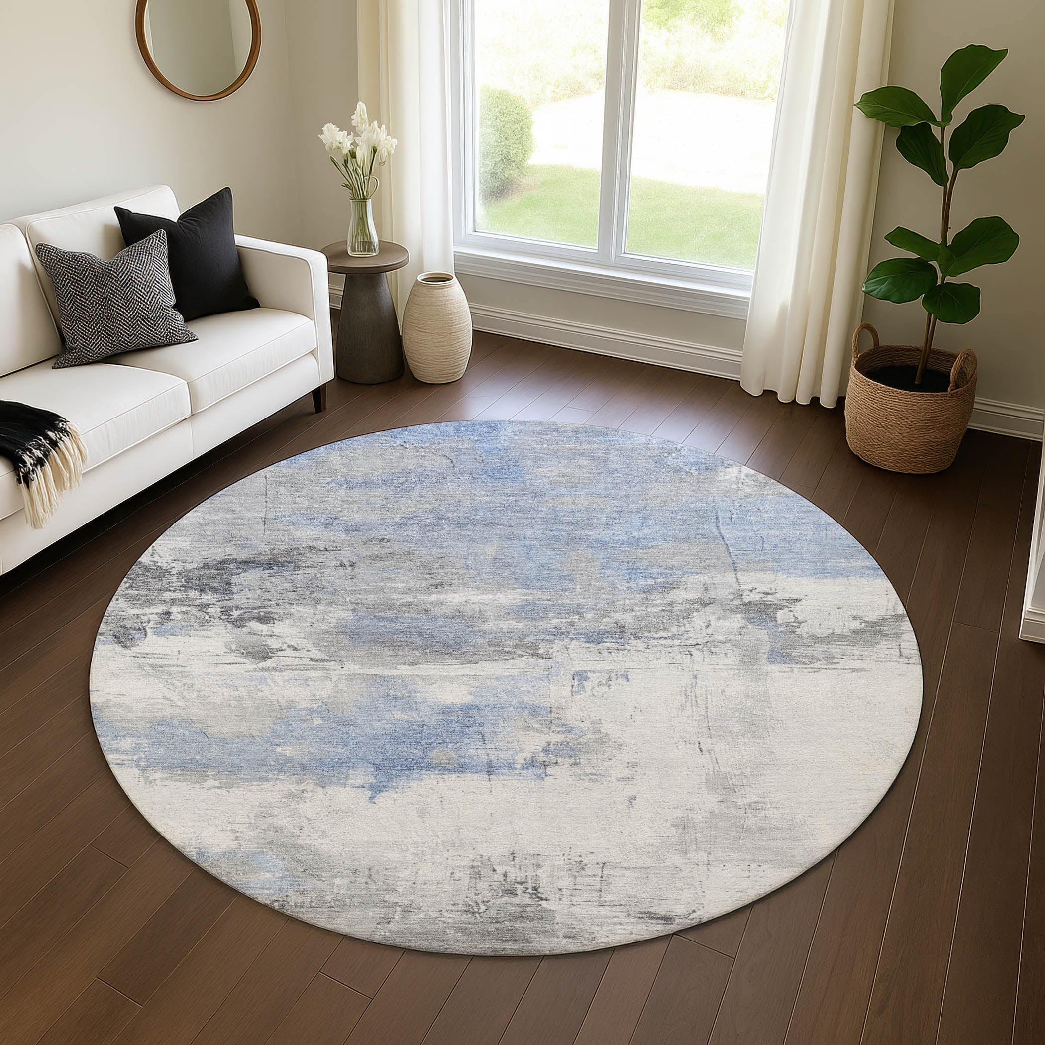 Bern Machine Washable Transitional Denim Blue Rug 8' x 8' #shape_Round