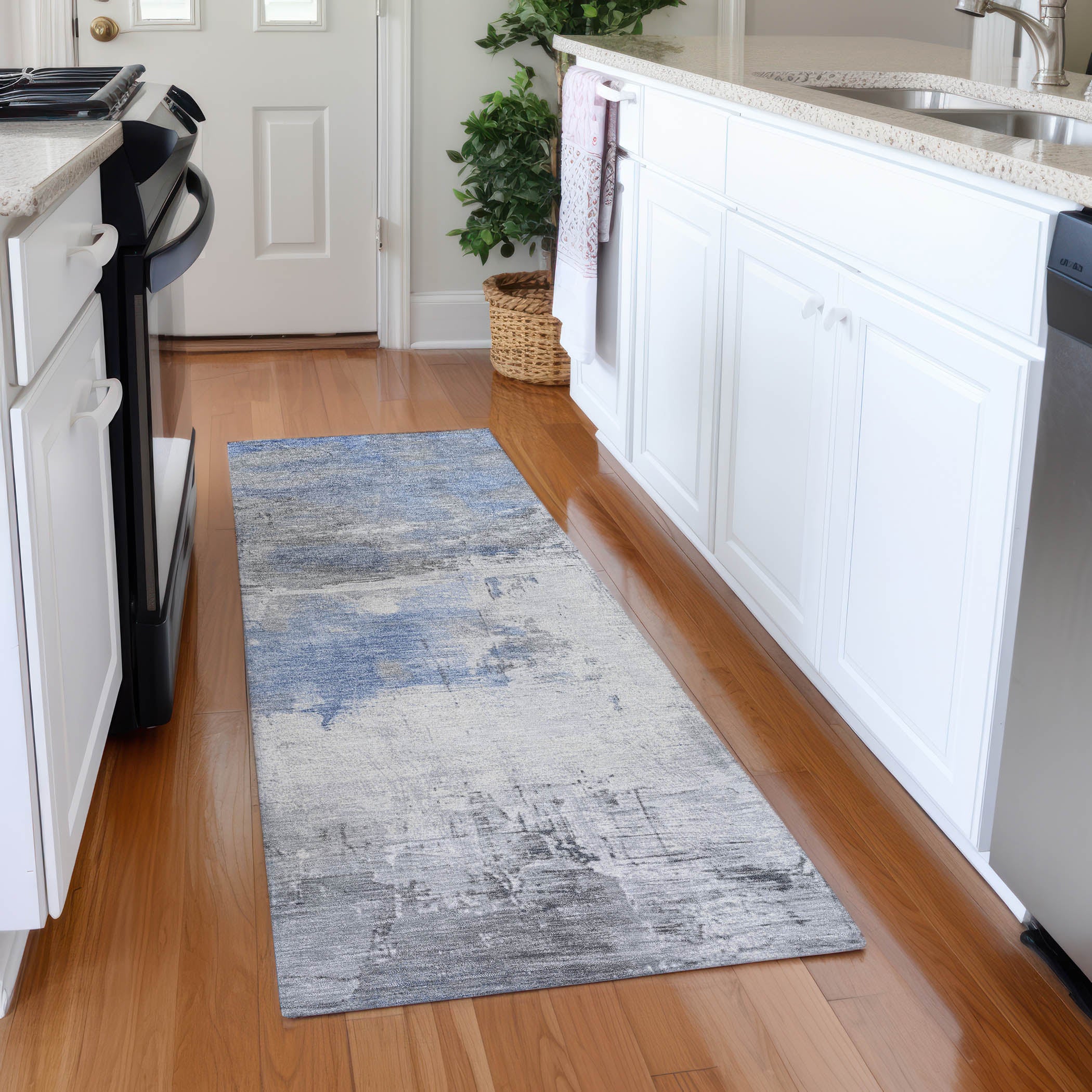 Bern Machine Washable Transitional Denim Blue Rug 2'3" x 7'6" #shape_Runner