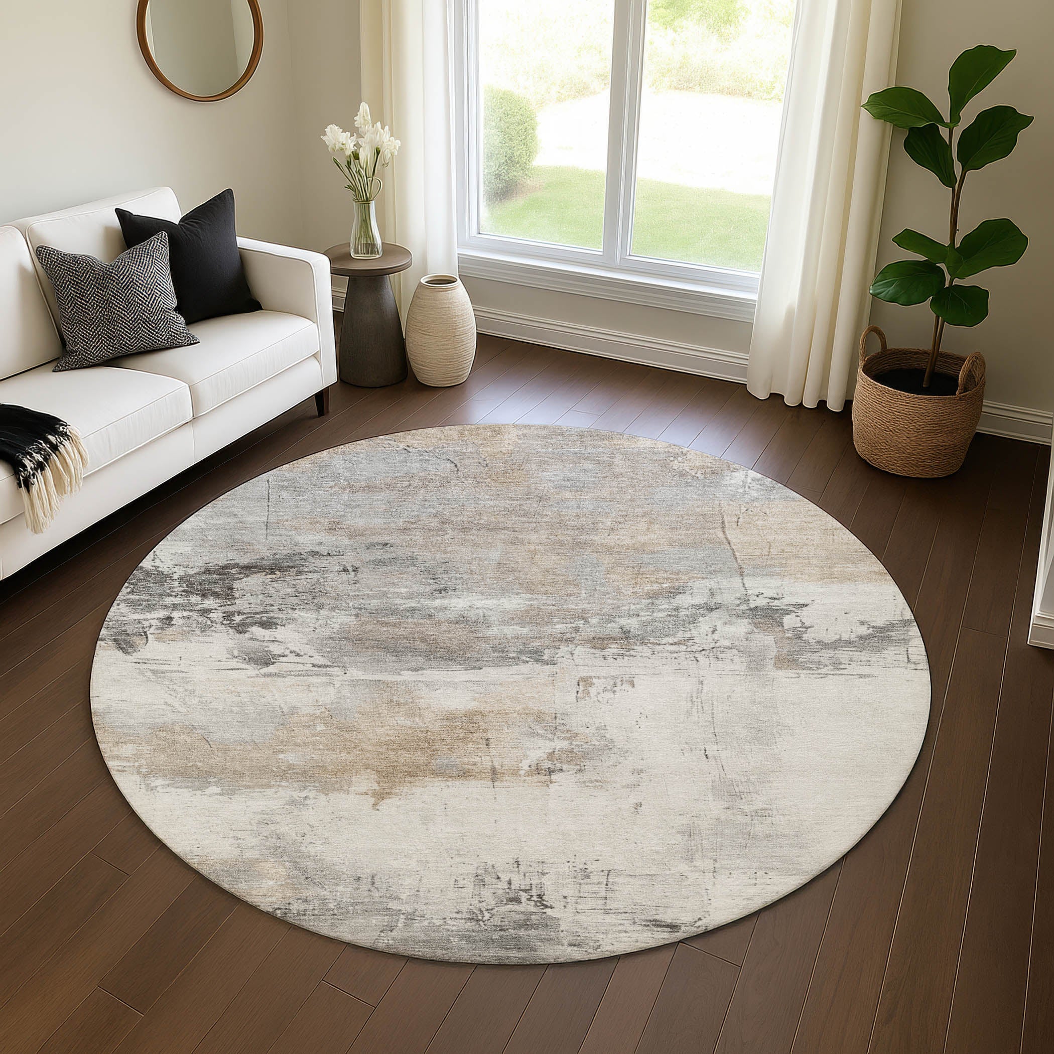 Bern Machine Washable Transitional Ivory Rug 8' x 8' #shape_Round