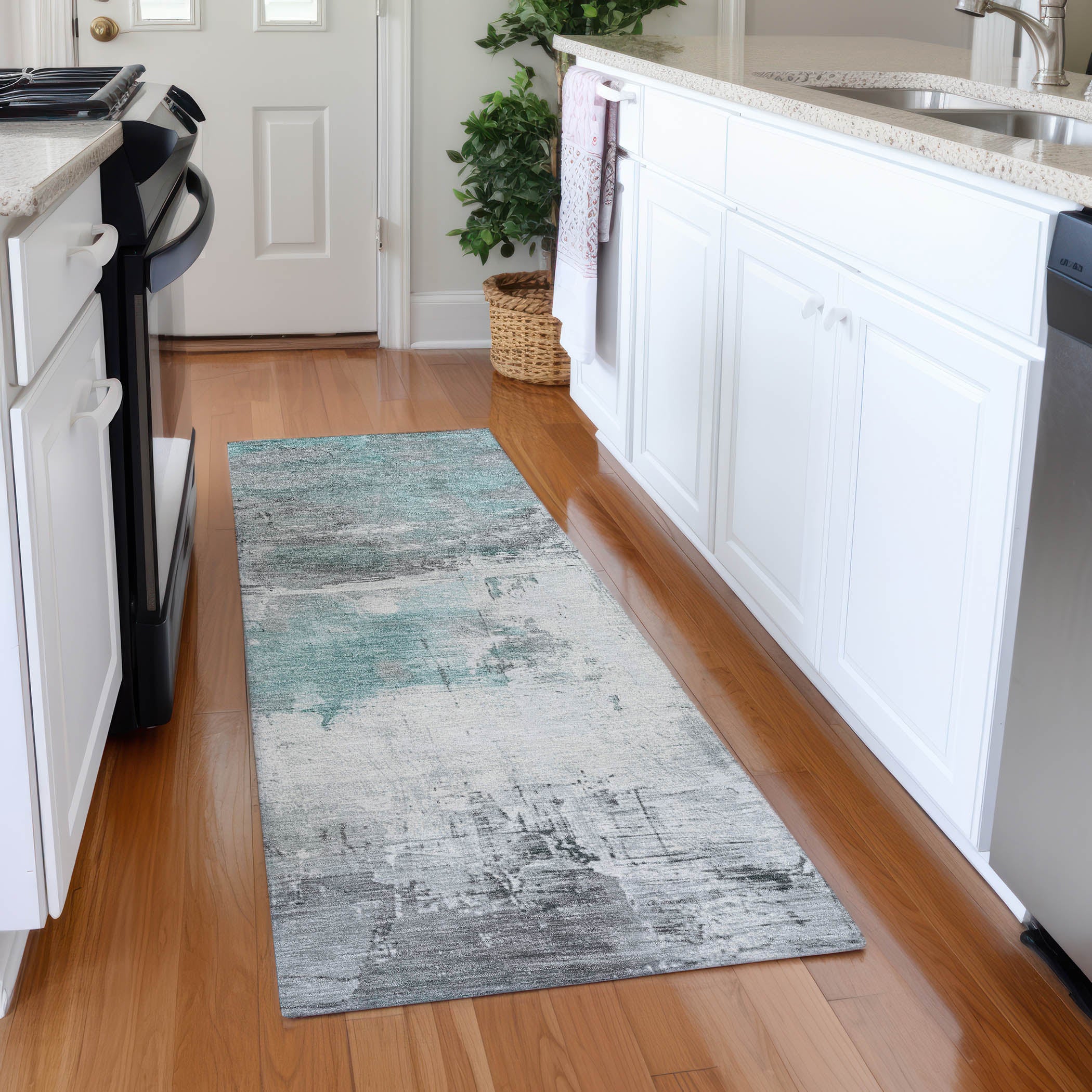 Bern Machine Washable Transitional Teal Rug 2'3" x 7'6" #shape_Runner