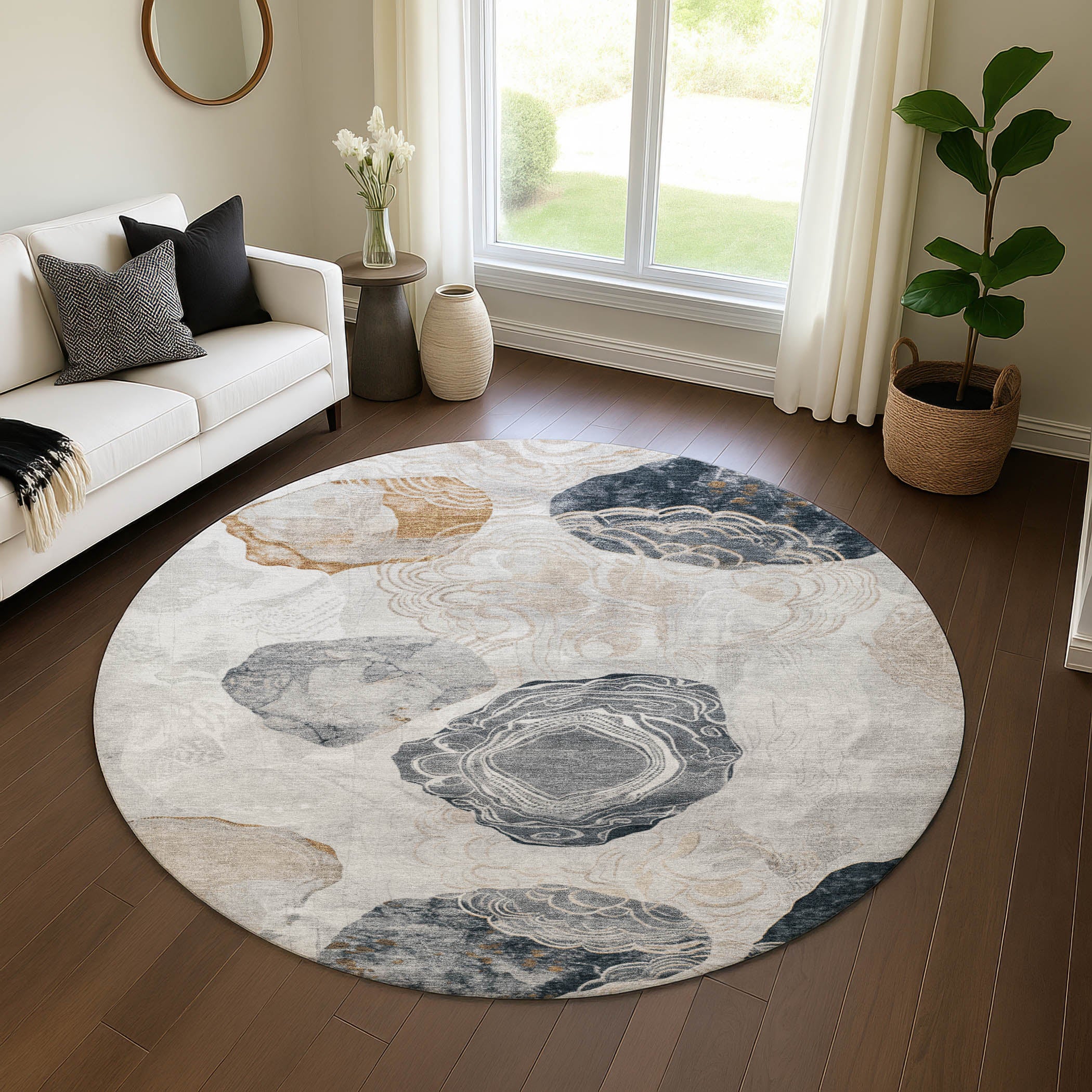 Baku Machine Washable Transitional Gray Rug 8' x 8' #shape_Round