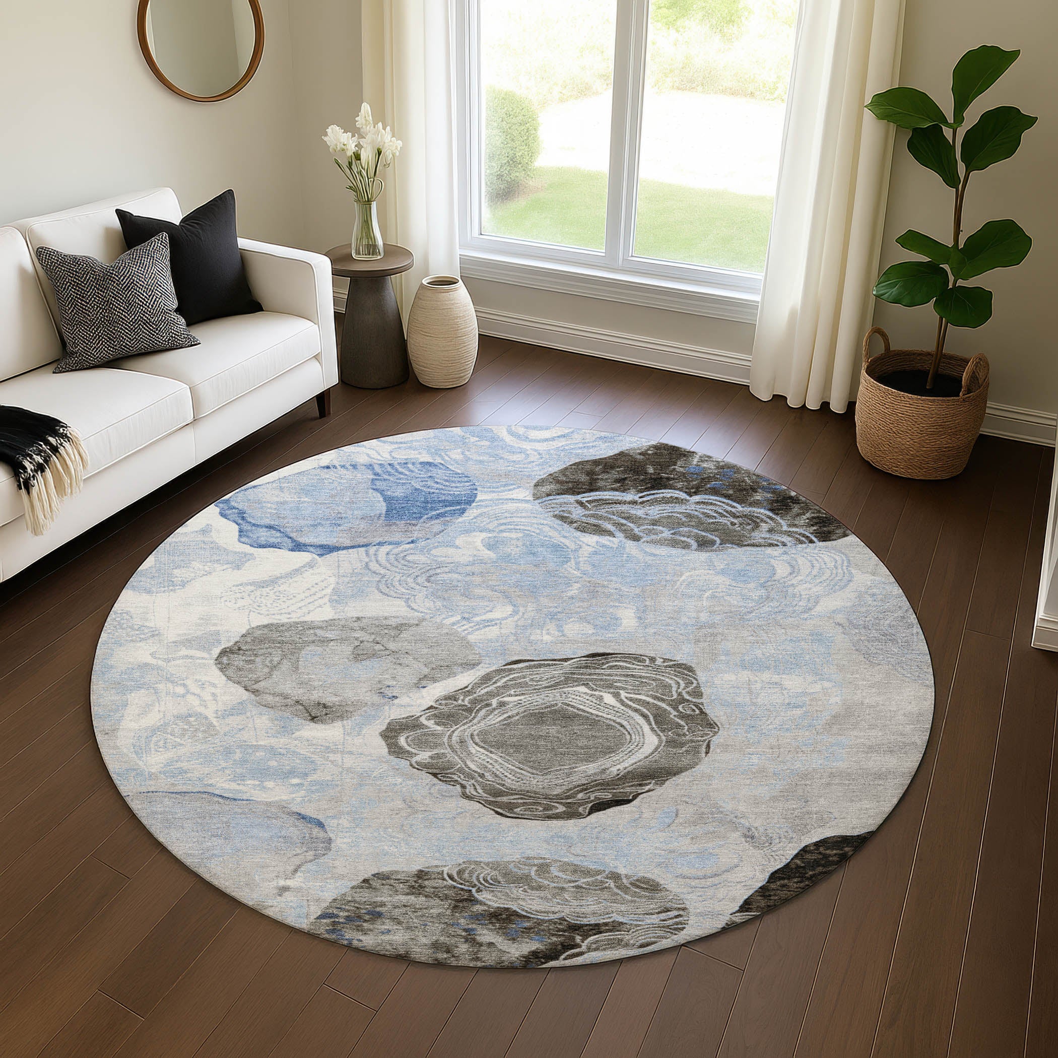 Baku Machine Washable Transitional Sky Blue Rug 8' x 8' #shape_Round