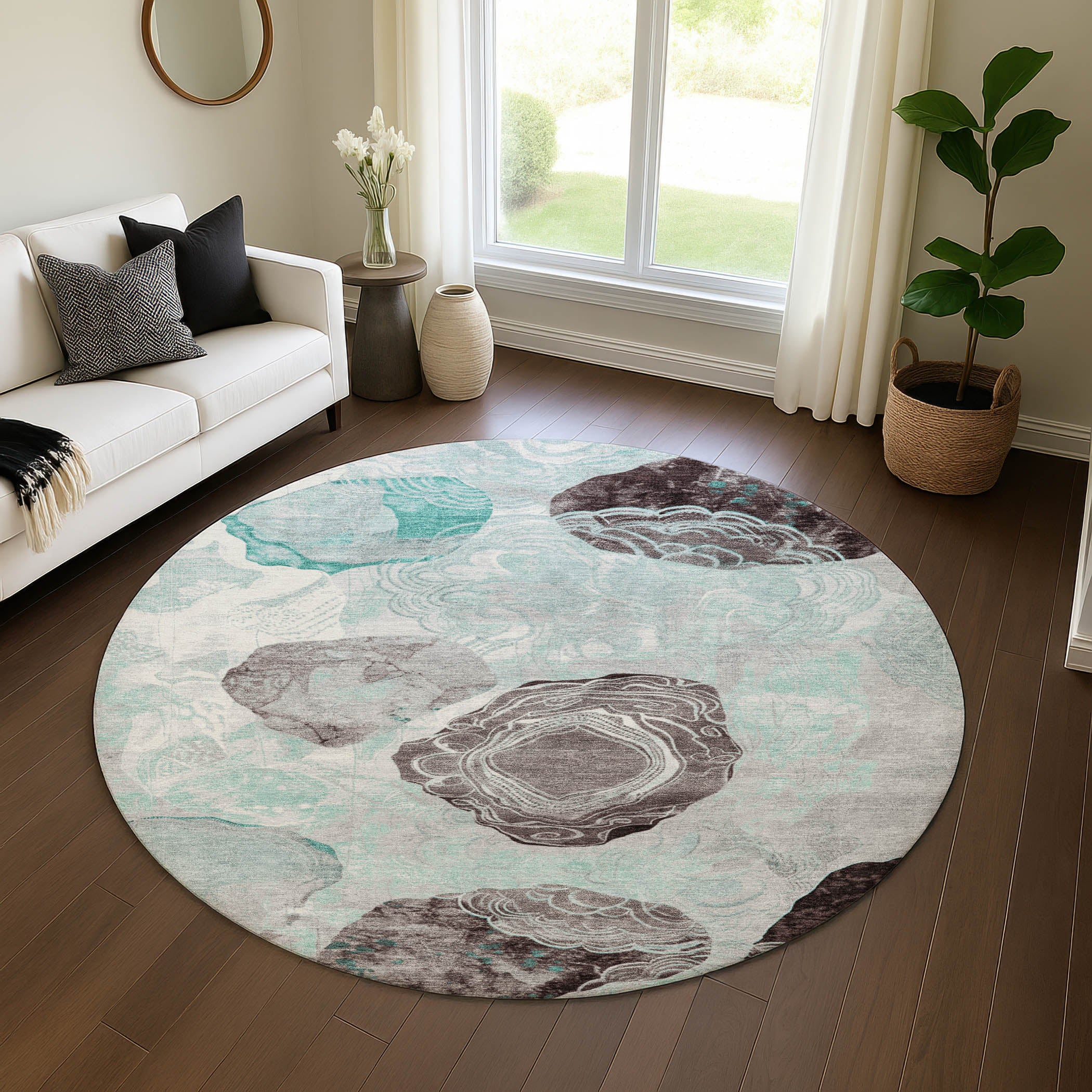 Baku Machine Washable Transitional Teal Rug 8' x 8' #shape_Round