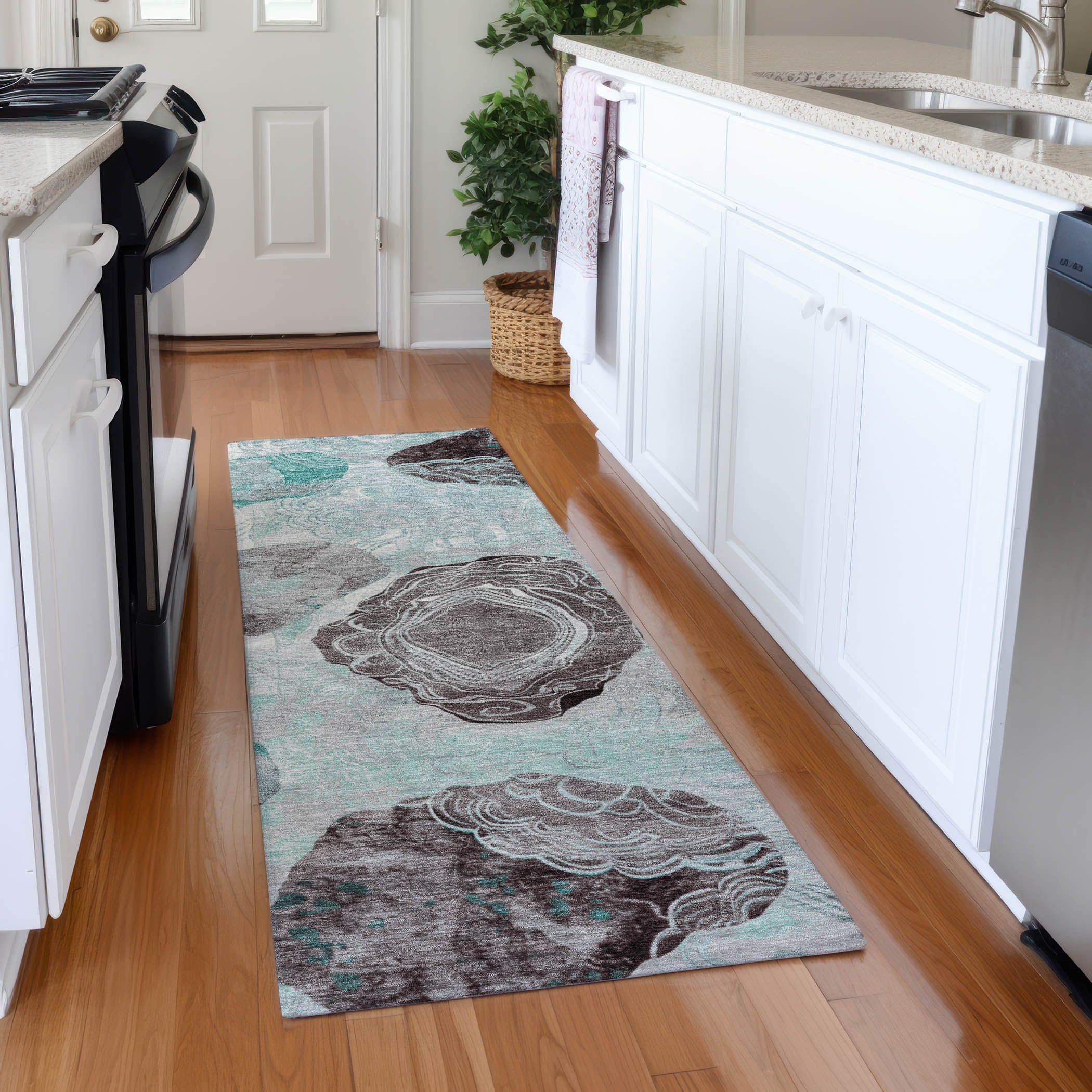Baku Machine Washable Transitional Teal Rug 2'3" x 7'6" #shape_Runner