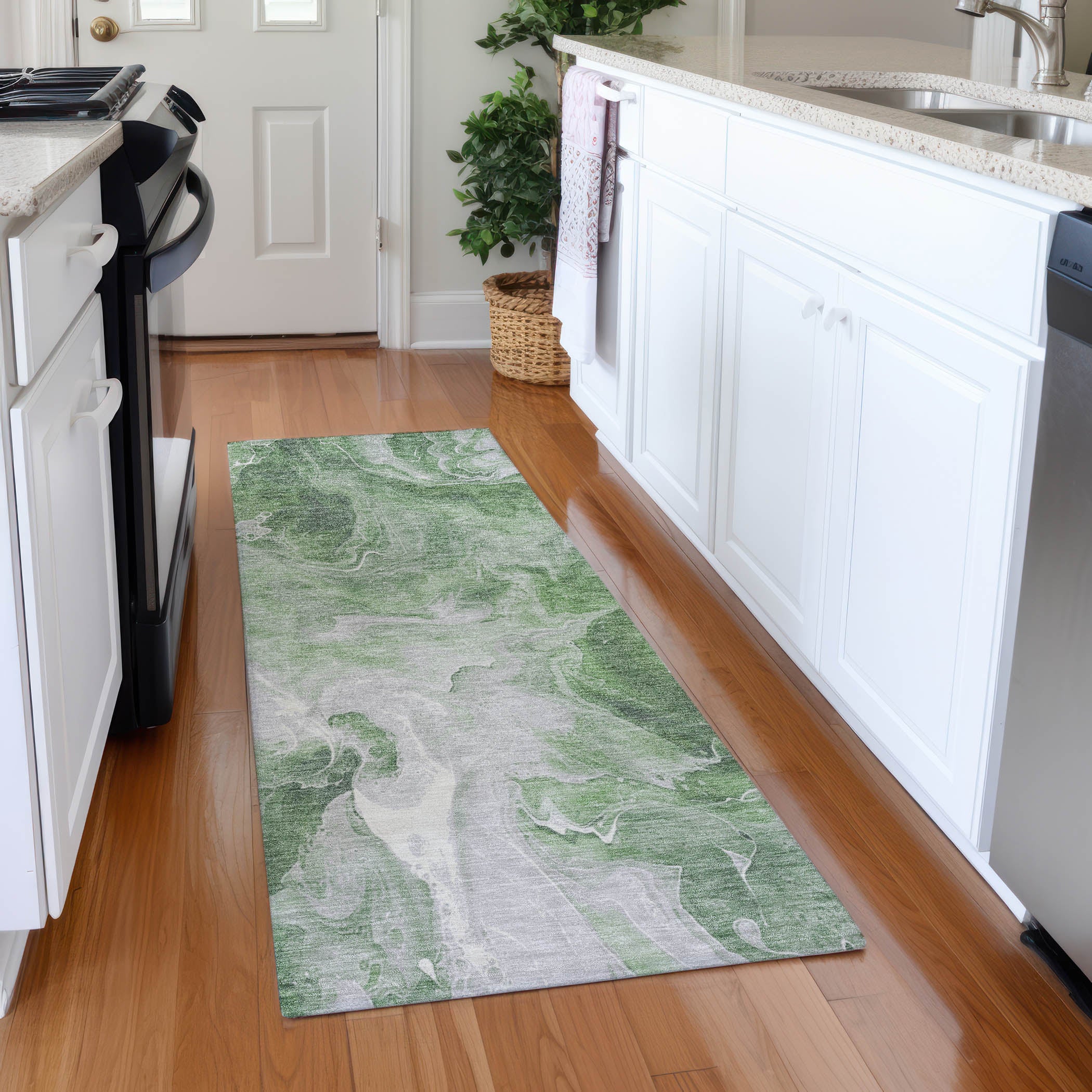 Chiang Mai Machine Washable Transitional Green Rug 2'3" x 7'6" #shape_Runner