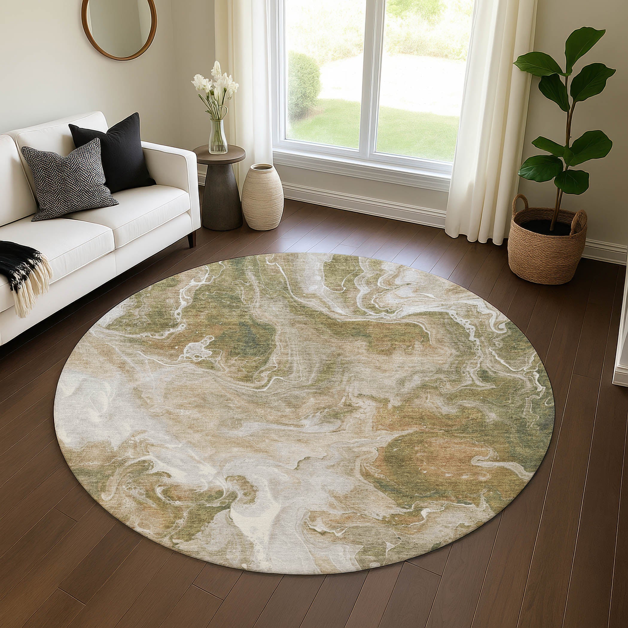 Chiang Mai Machine Washable Transitional Mocha Brown Rug 8' x 8' #shape_Round