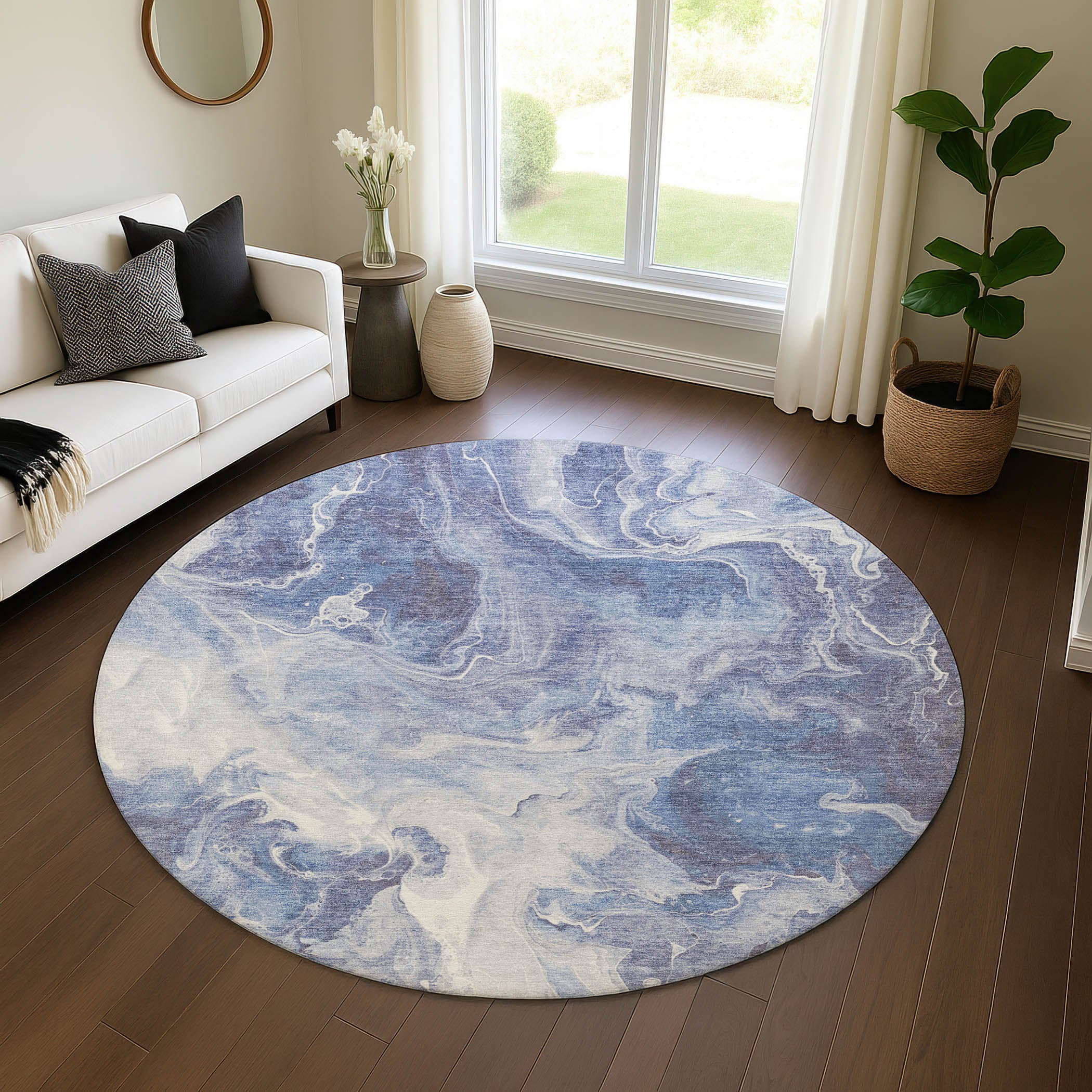 Chiang Mai Machine Washable Transitional Navy Blue Rug 8' x 8' #shape_Round