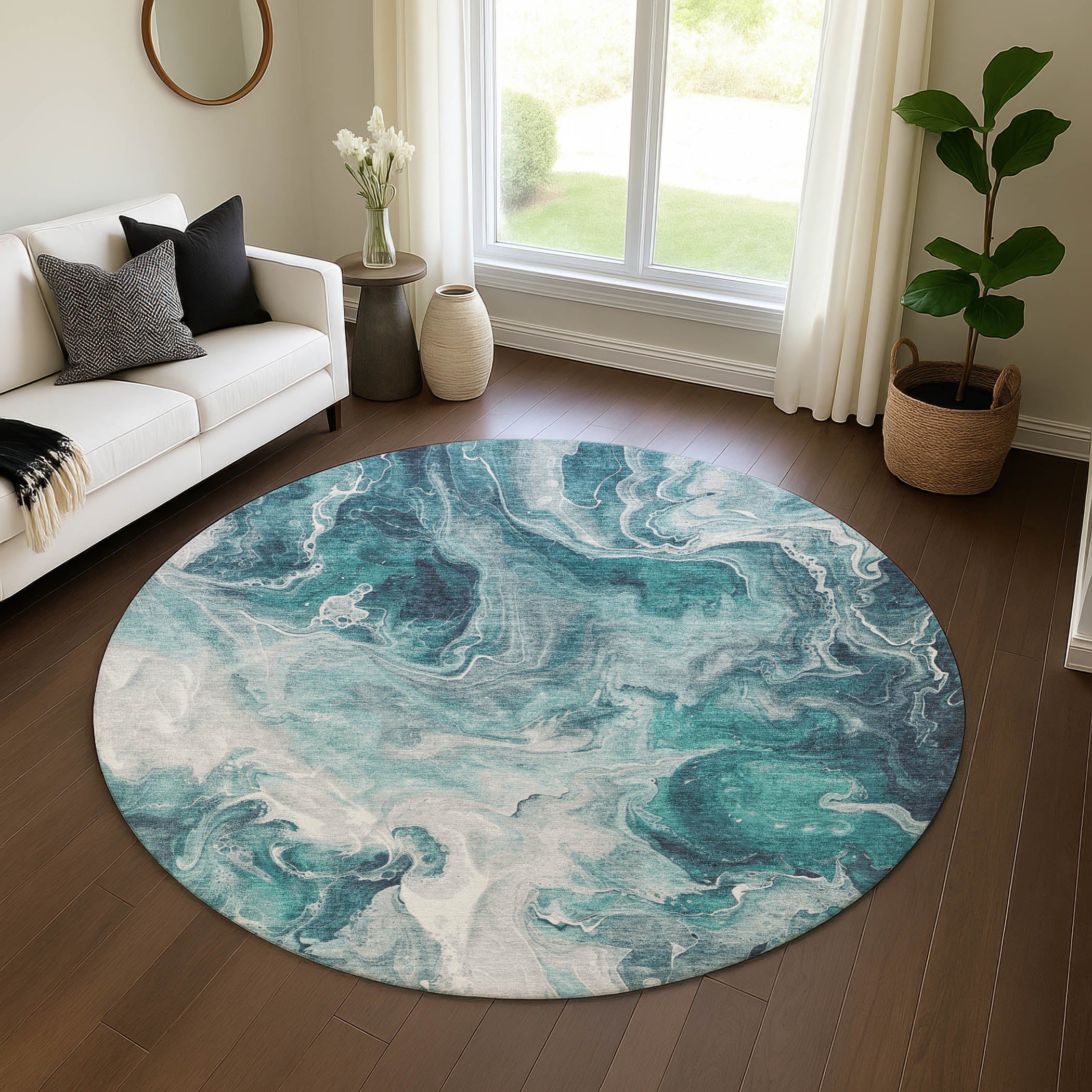 Chiang Mai Machine Washable Transitional Teal Rug 8' x 8' #shape_Round