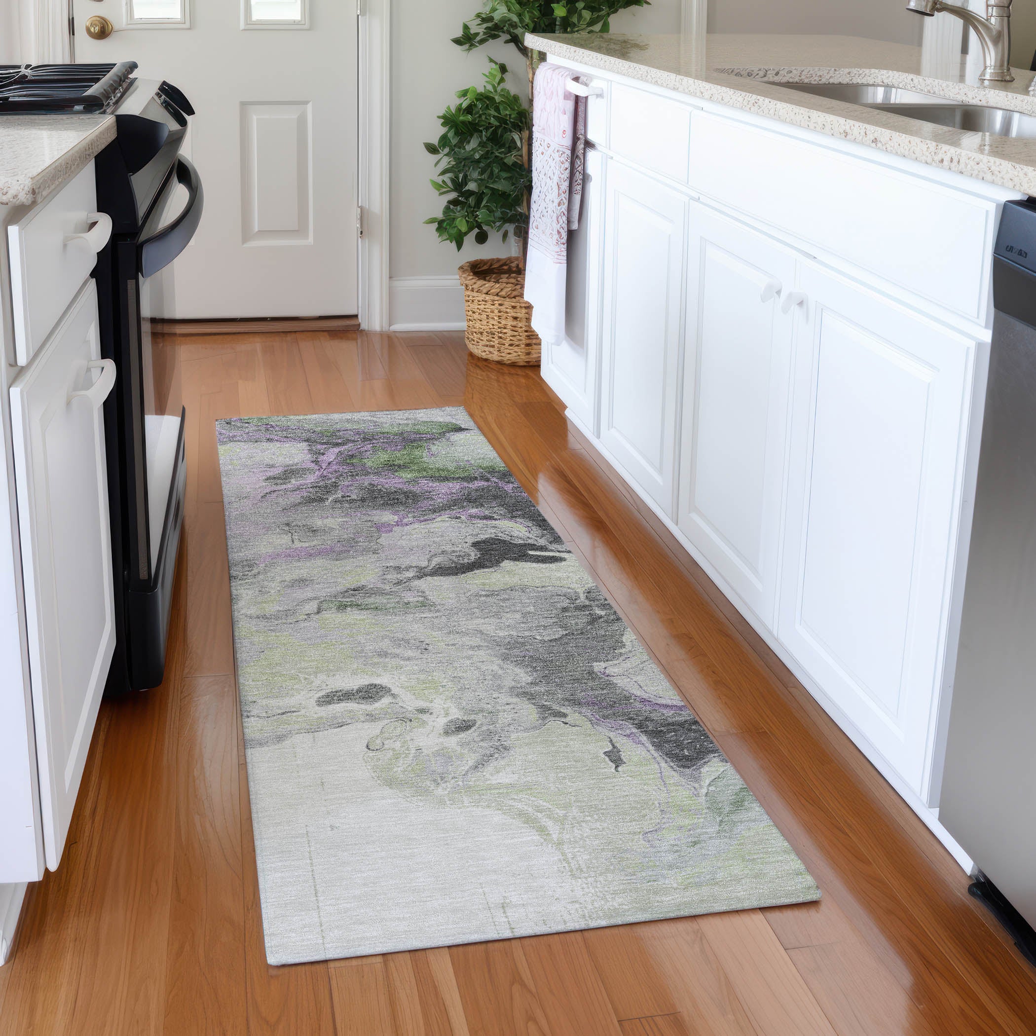Split Machine Washable Transitional Aloe Green Rug 2'3" x 7'6" #shape_Runner
