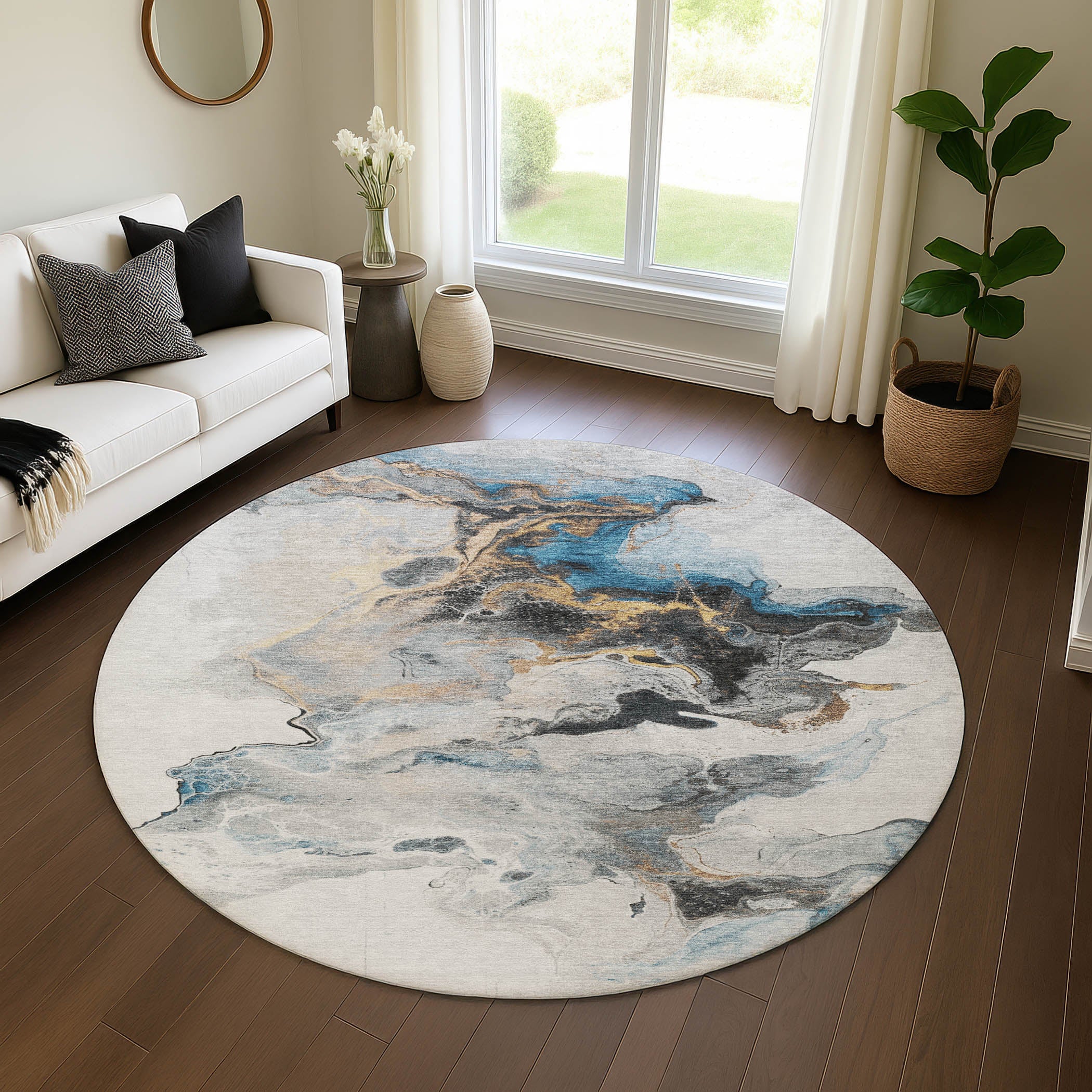 Split Machine Washable Transitional Gray Rug 8' x 8' #shape_Round