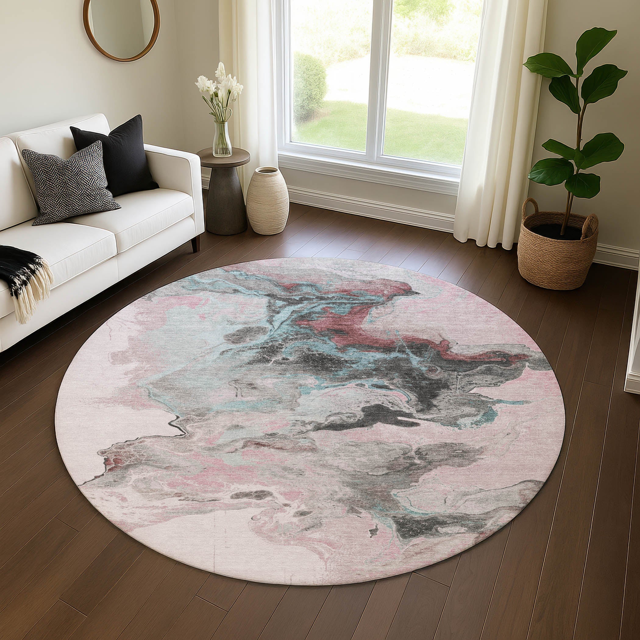 Split Machine Washable Transitional Pink Rug 8' x 8' #shape_Round