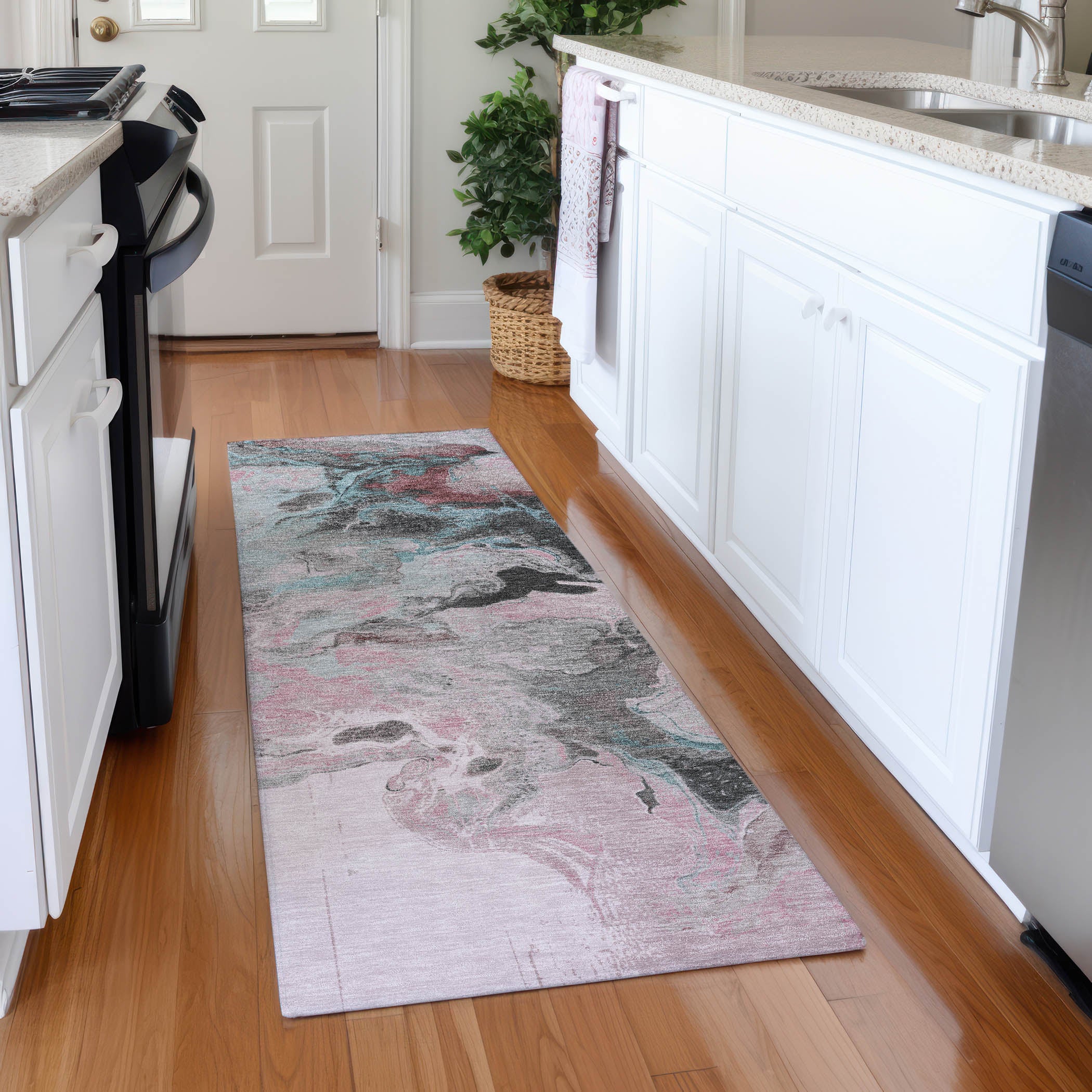 Split Machine Washable Transitional Pink Rug 2'3" x 7'6" #shape_Runner