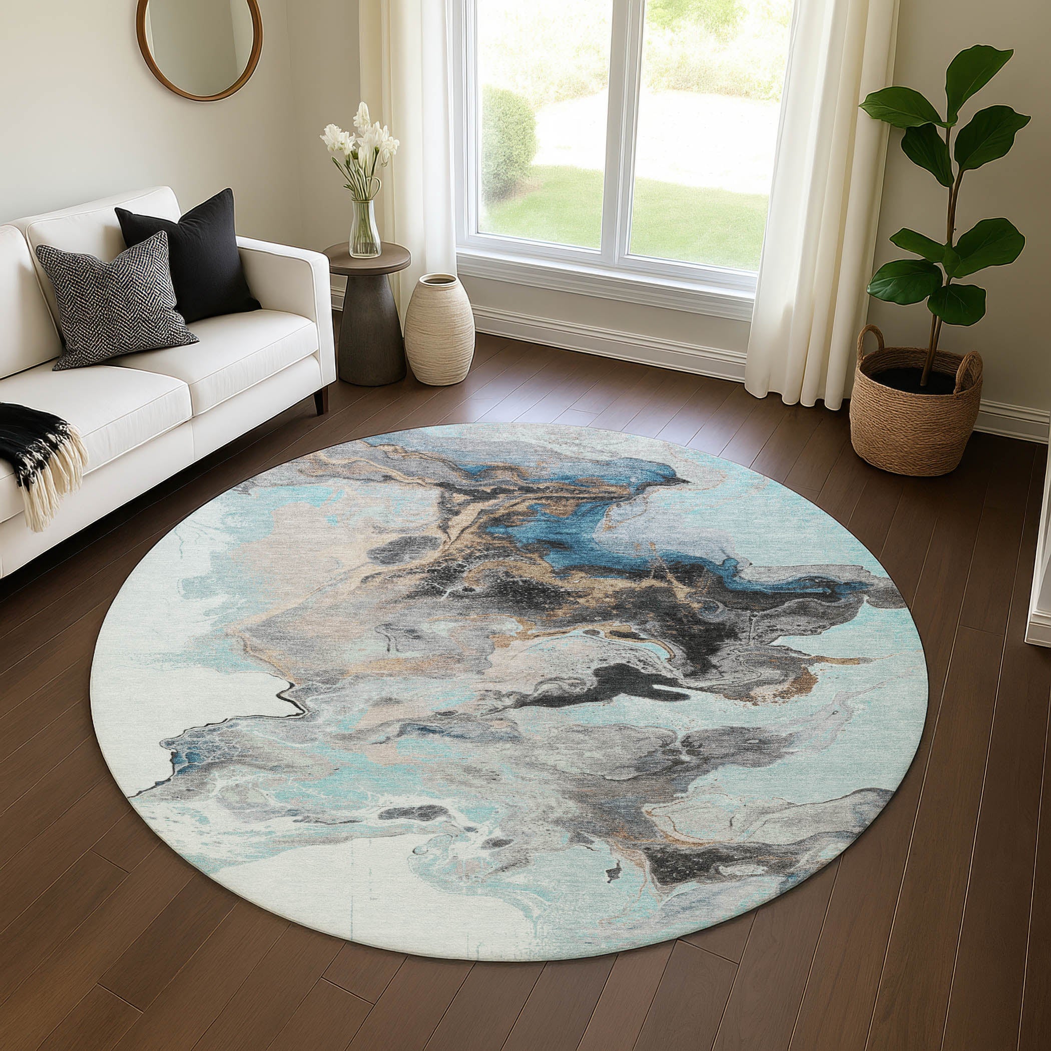 Split Machine Washable Transitional Teal Rug 8' x 8' #shape_Round