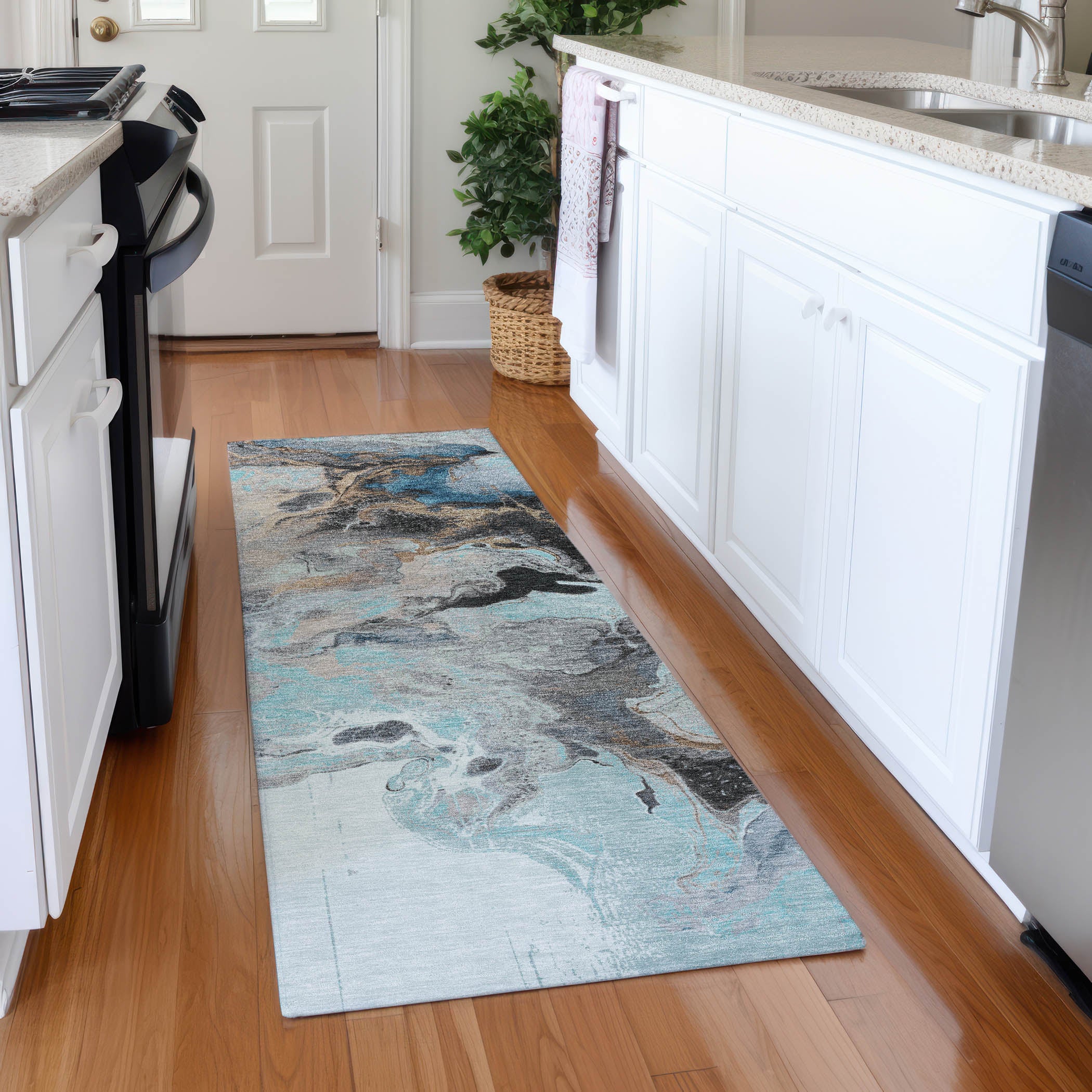 Split Machine Washable Transitional Teal Rug 2'3" x 7'6" #shape_Runner