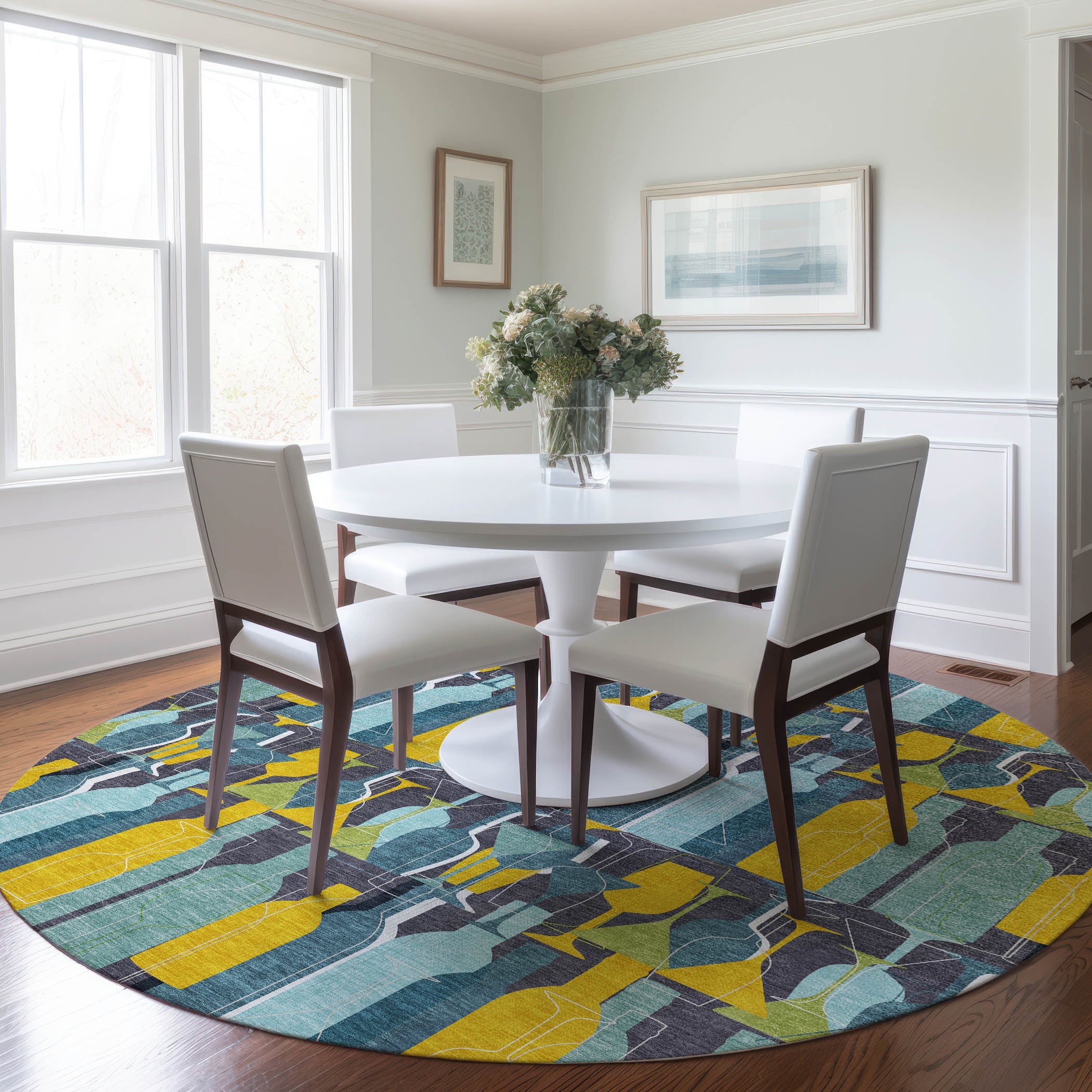 Lisbon Machine Washable Kitchen Blue Rug 8' x 8' #shape_Round