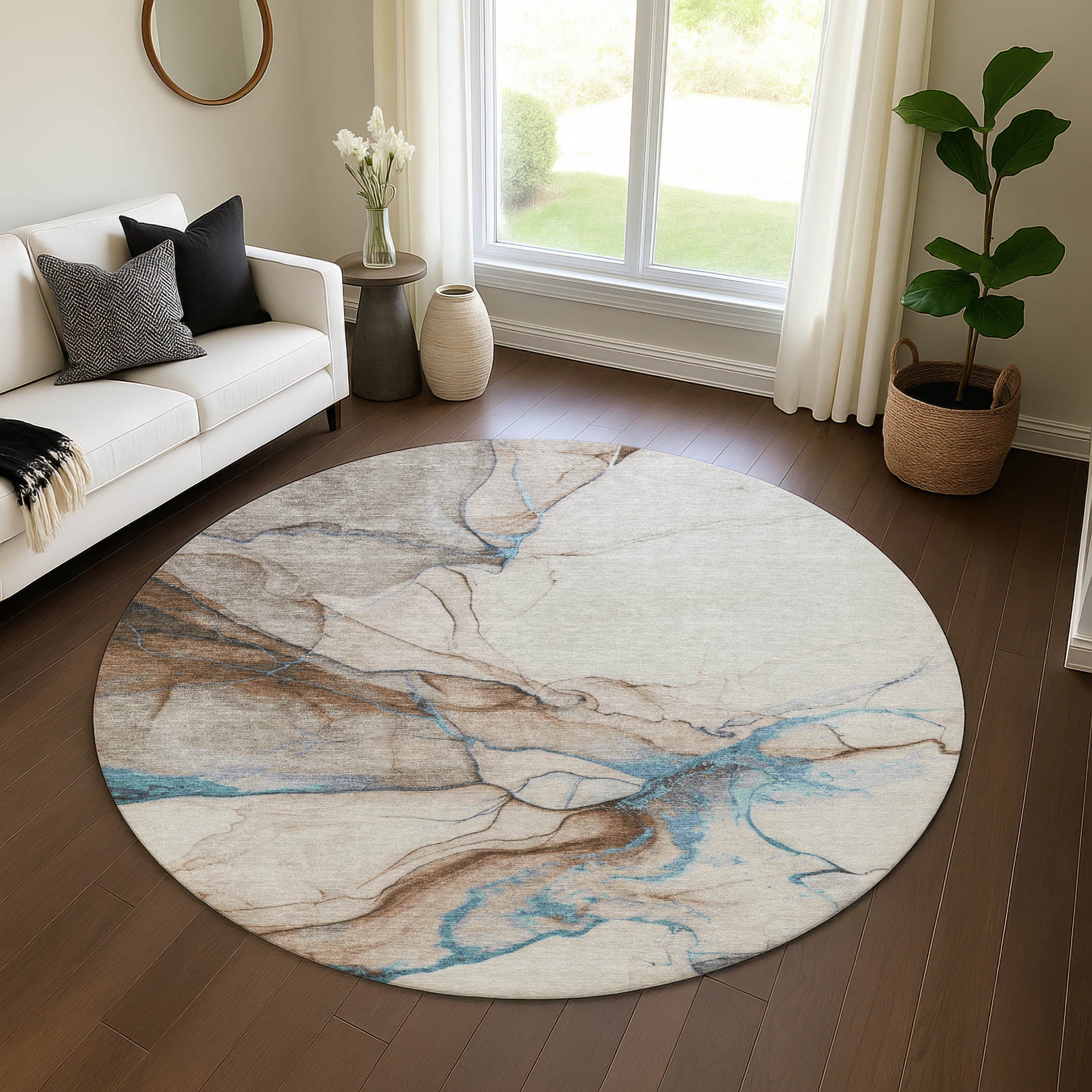 Bruges Machine Washable Transitional Beige Brown Rug 8' x 8' #shape_Round