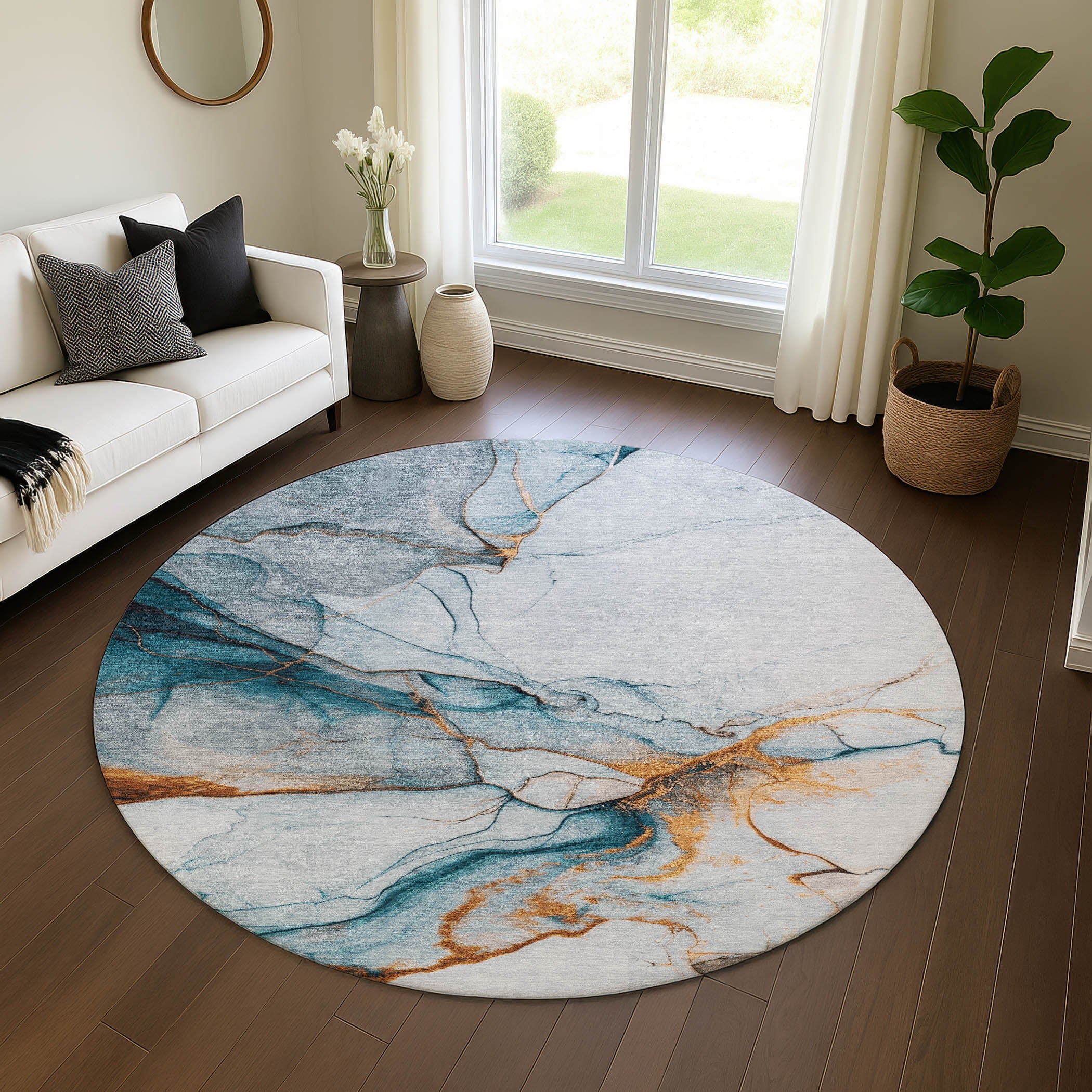 Bruges Machine Washable Transitional Sky Blue Rug 8' x 8' #shape_Round