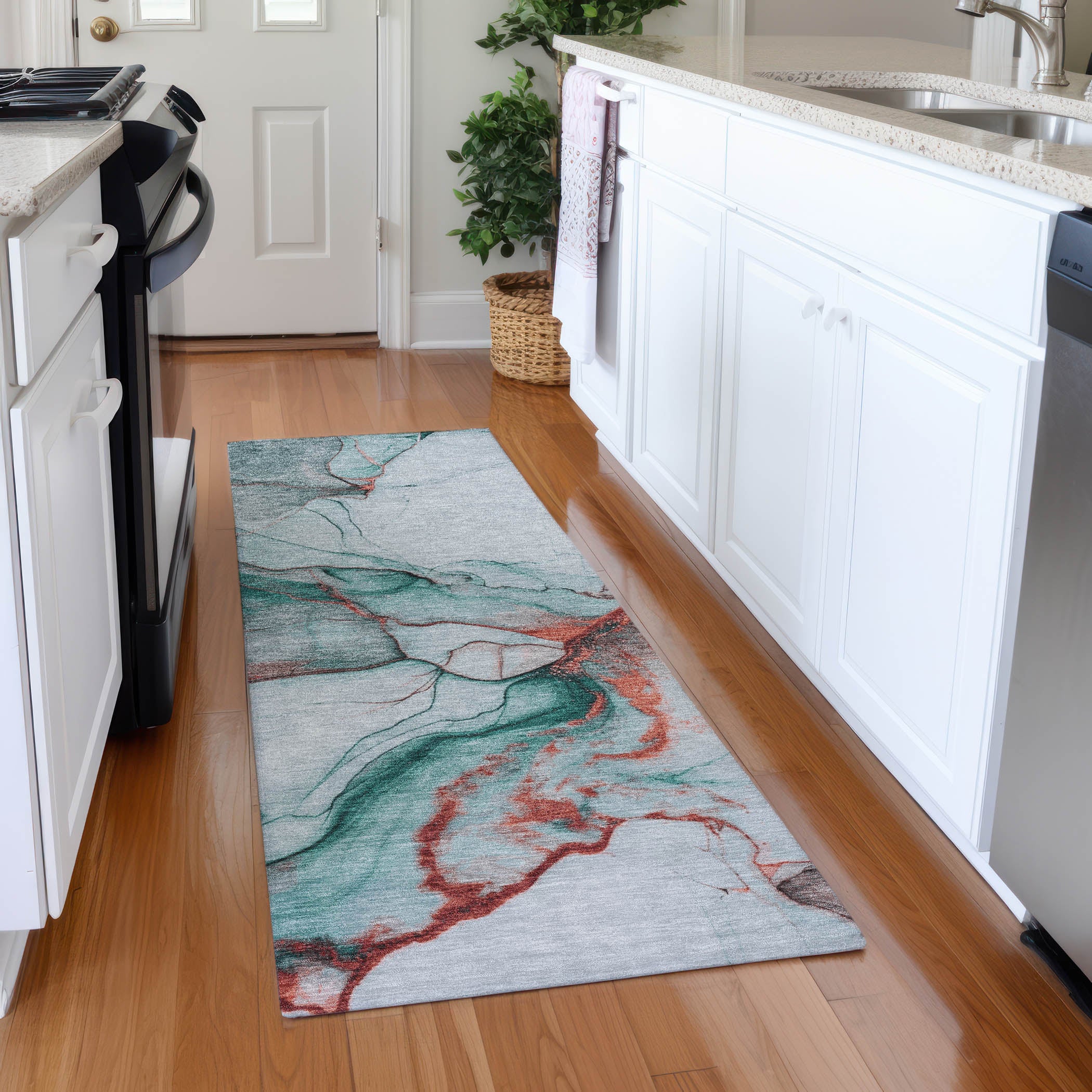 Bruges Machine Washable Transitional Teal Rug 2'3" x 7'6" #shape_Runner
