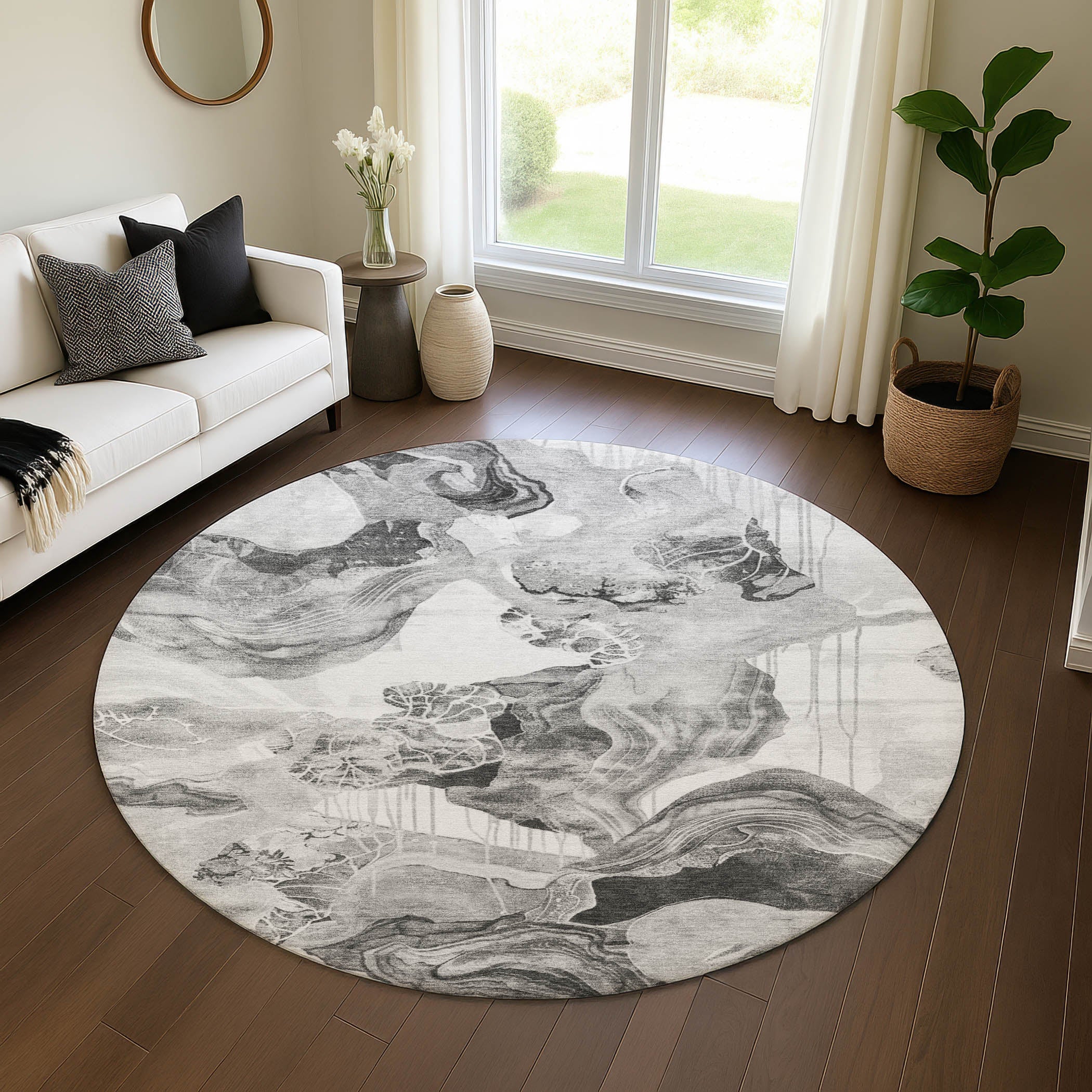 Rome Machine Washable Transitional Gray Rug 8' x 8' #shape_Round