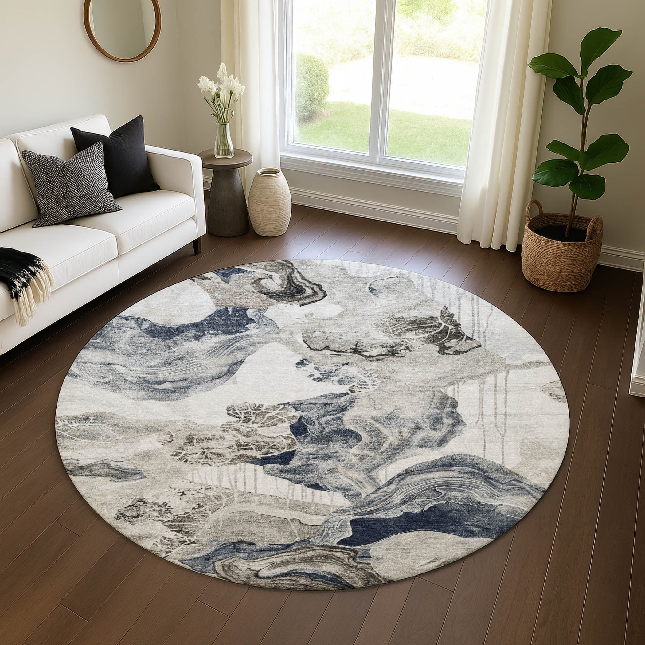 Rome Machine Washable Transitional Ivory Rug 8' x 8' #shape_Round