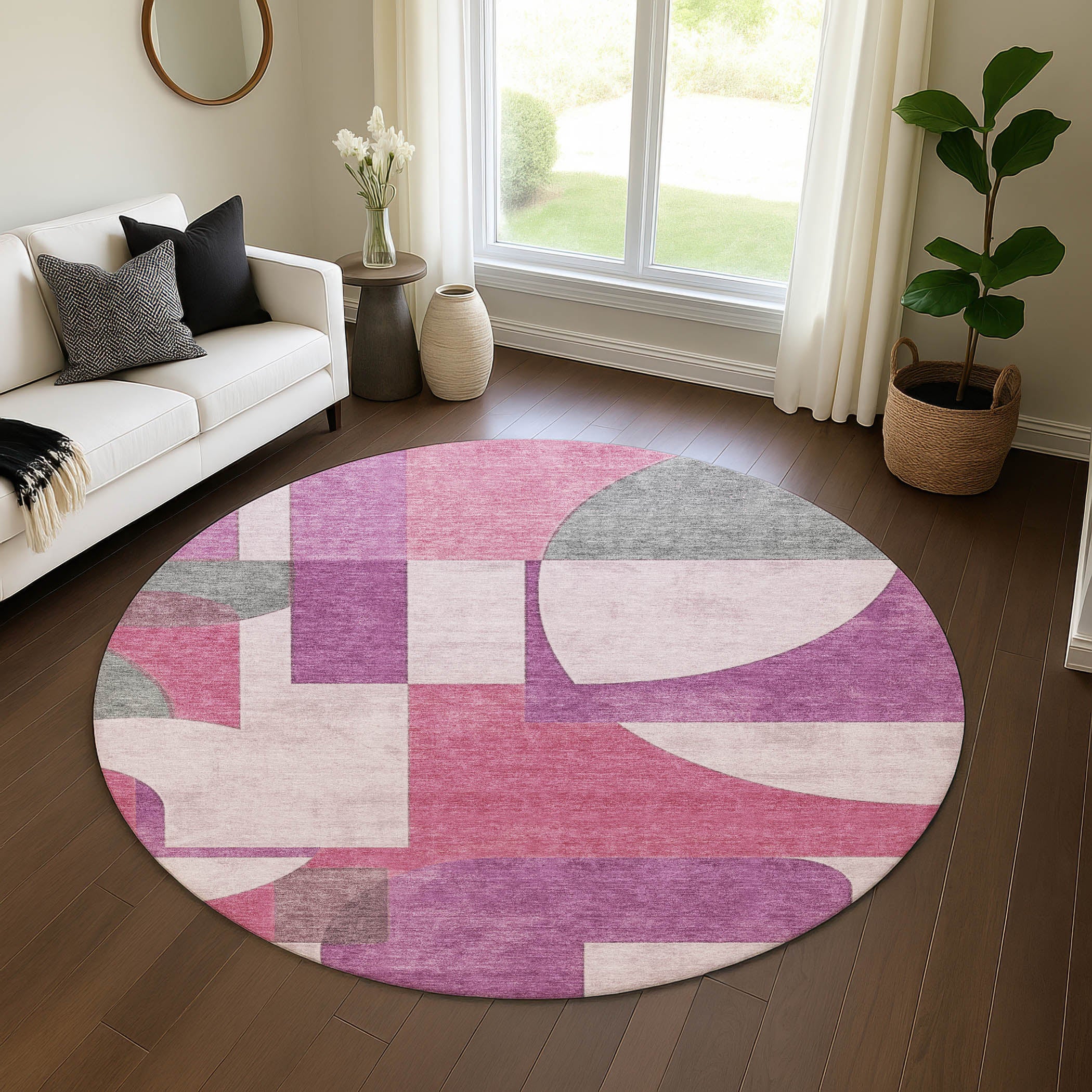 Queenstown Machine Washable Transitional Blush Pink Rug 8' x 8' #shape_Round