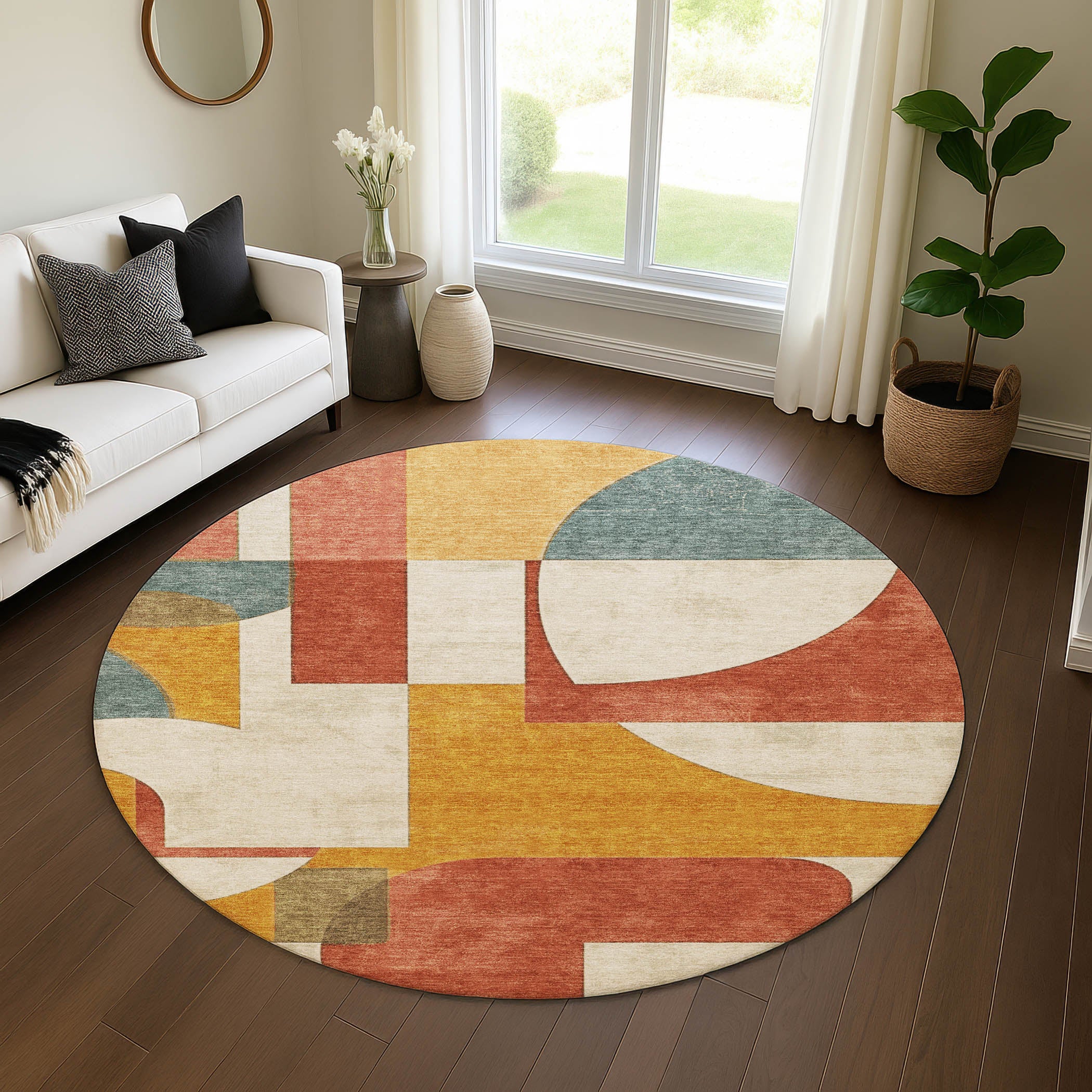 Queenstown Machine Washable Transitional Coral Orange Rug 8' x 8' #shape_Round