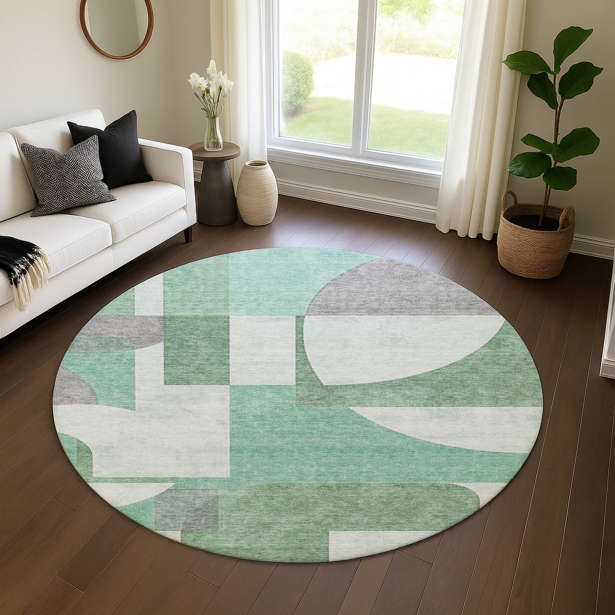 Queenstown Machine Washable Transitional Green Rug 8' x 8' #shape_Round