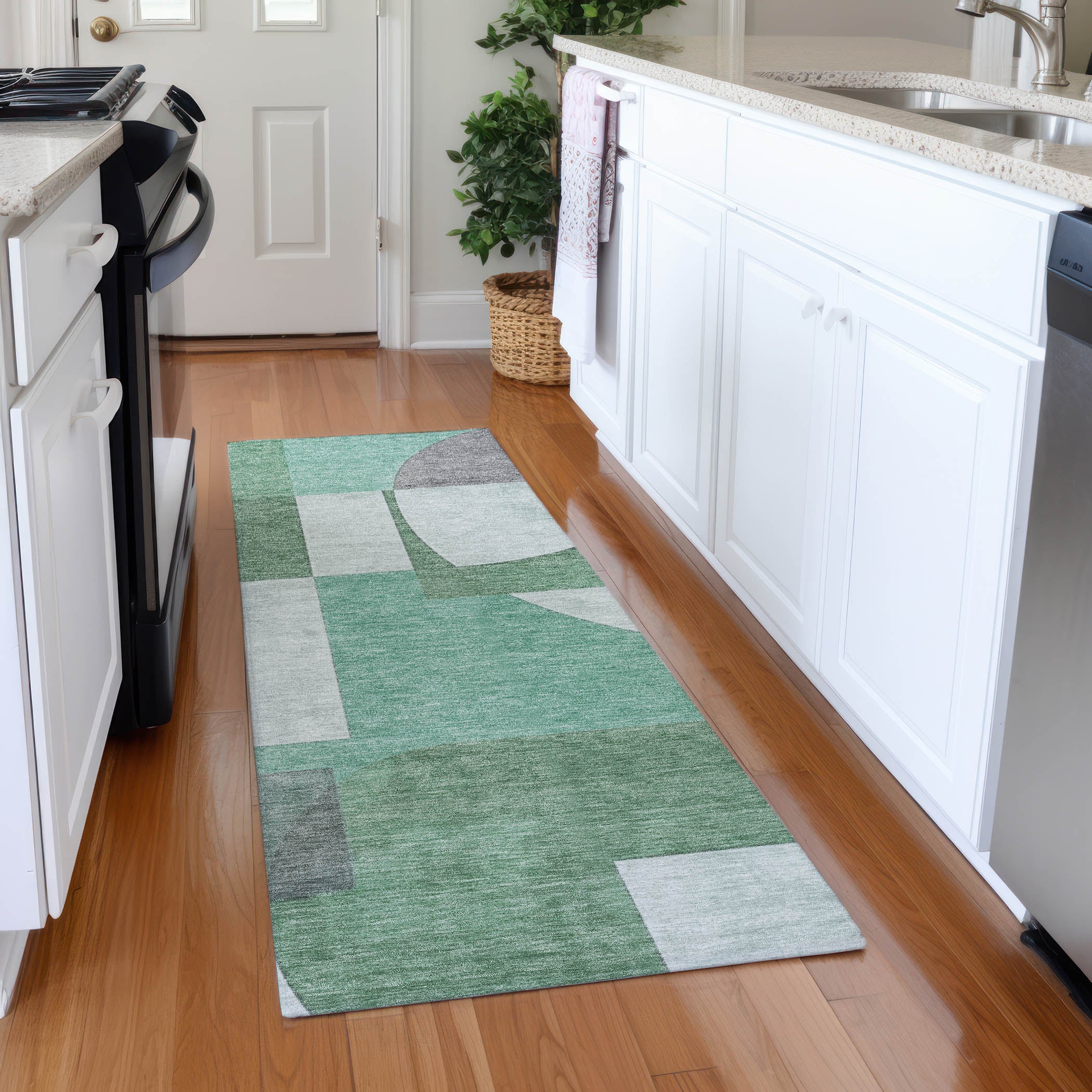 Queenstown Machine Washable Transitional Green Rug 2'3" x 7'6" #shape_Runner