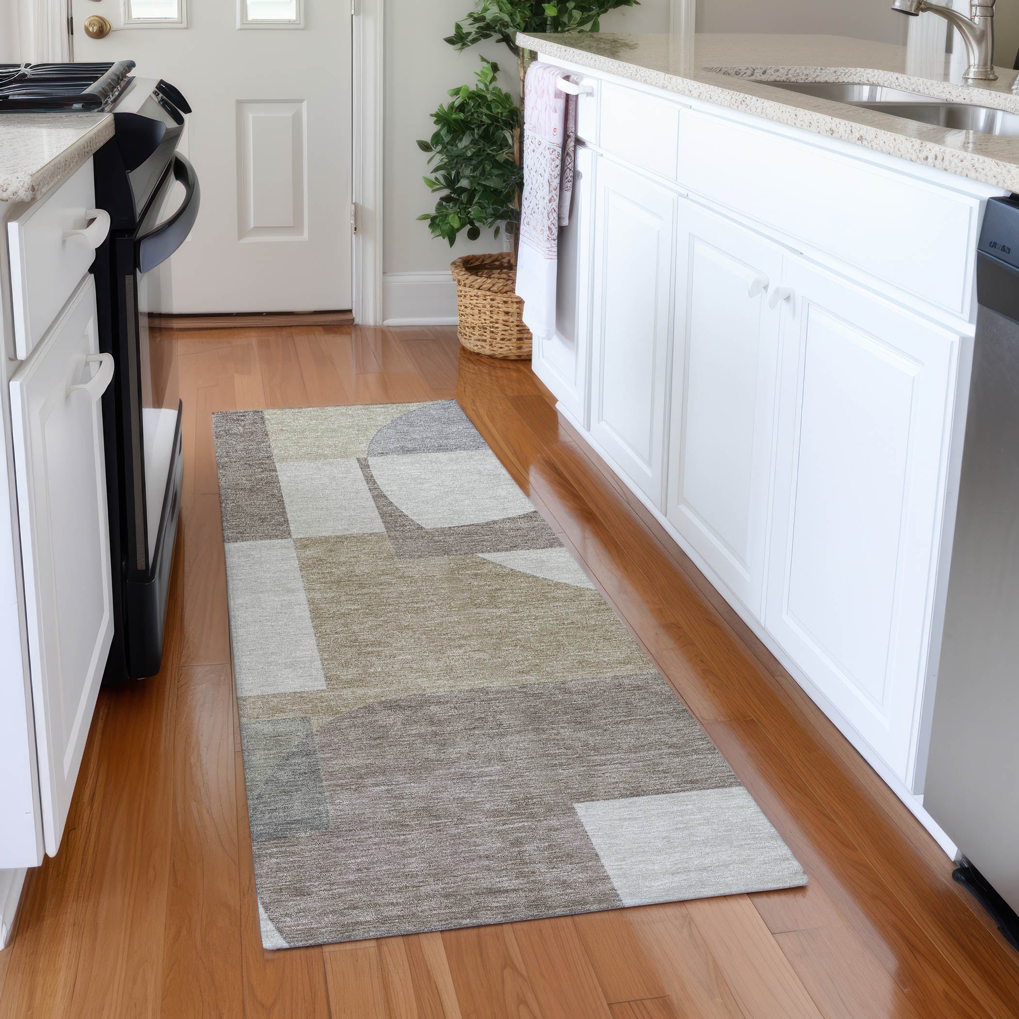 Queenstown Machine Washable Transitional Khaki Brown Rug 2'3" x 7'6" #shape_Runner