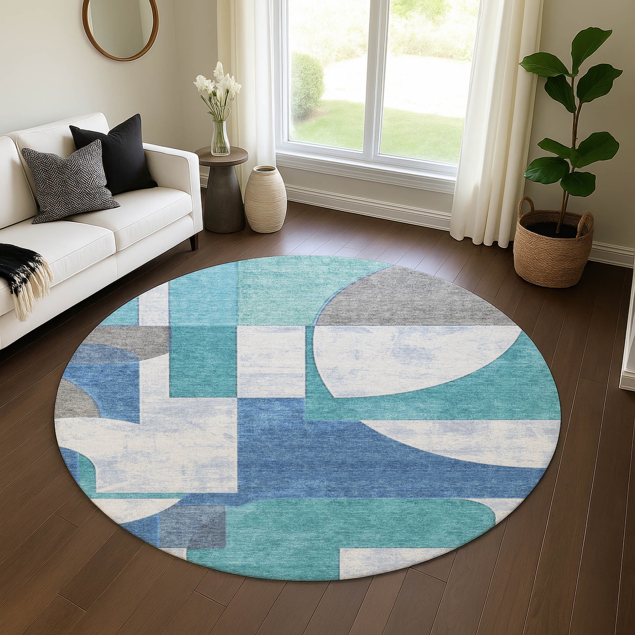 Queenstown Machine Washable Transitional Teal Rug 8' x 8' #shape_Round