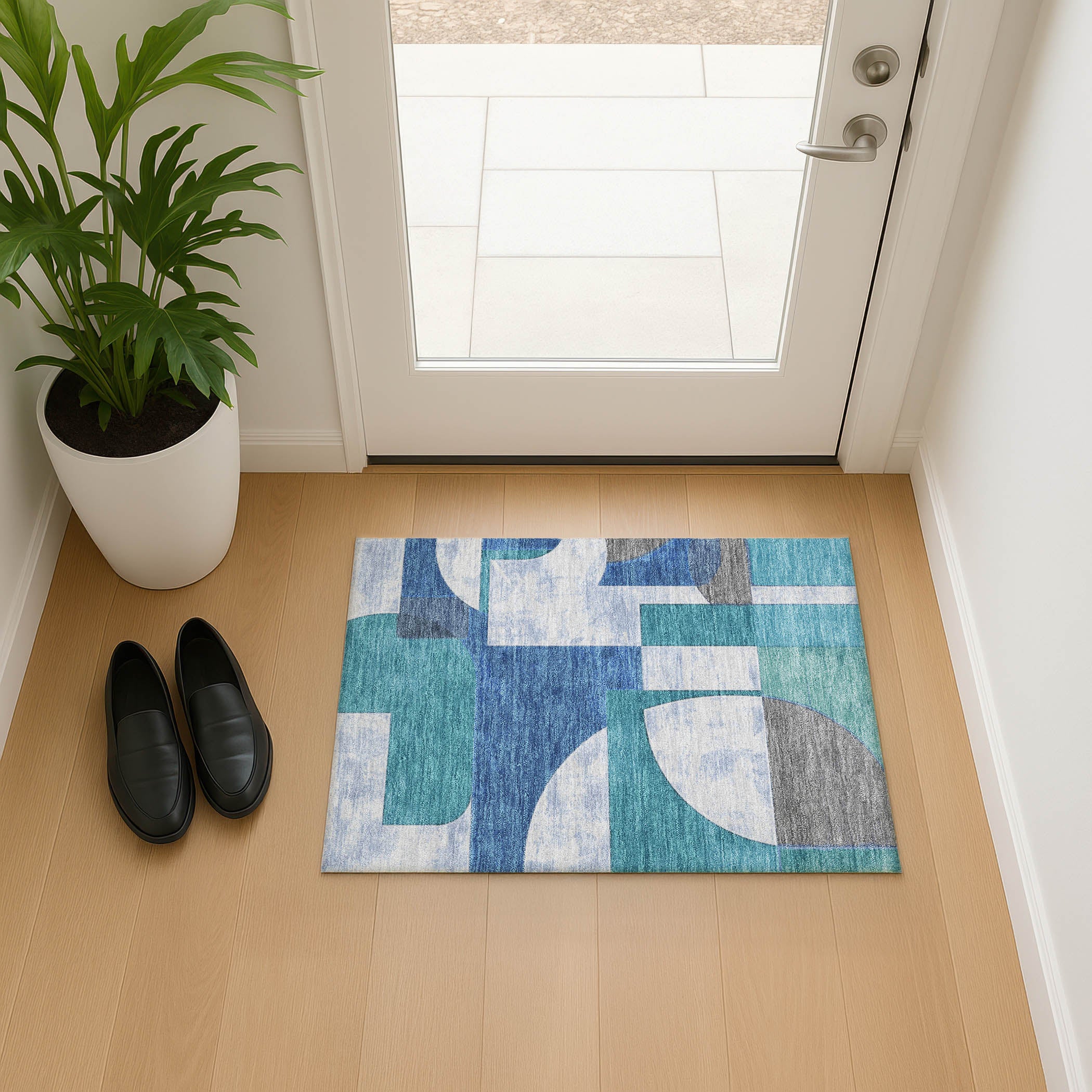 Queenstown Machine Washable Transitional Teal Rug 1'8" x 2'6" #shape_Rectangle