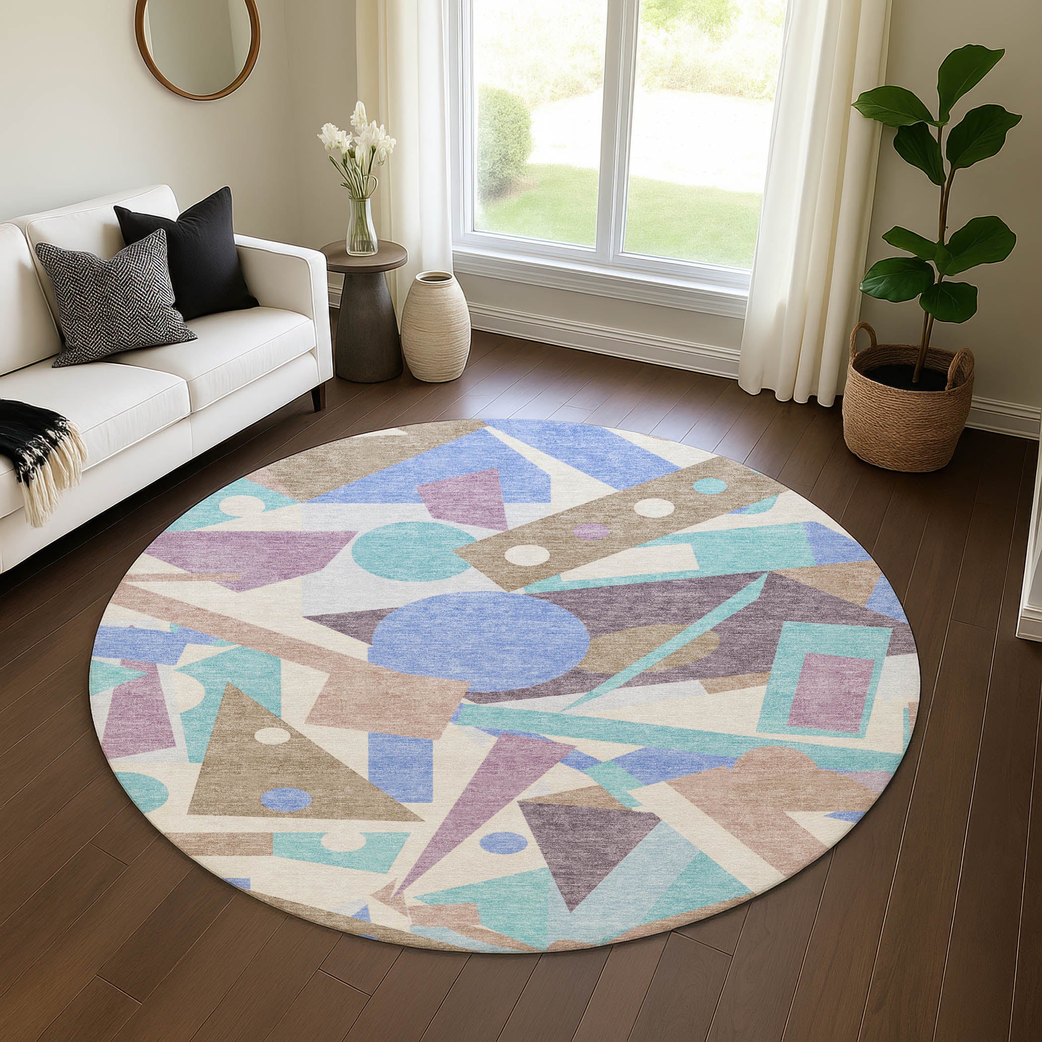 Seville Machine Washable Transitional Mocha Brown Rug 8' x 8' #shape_Round