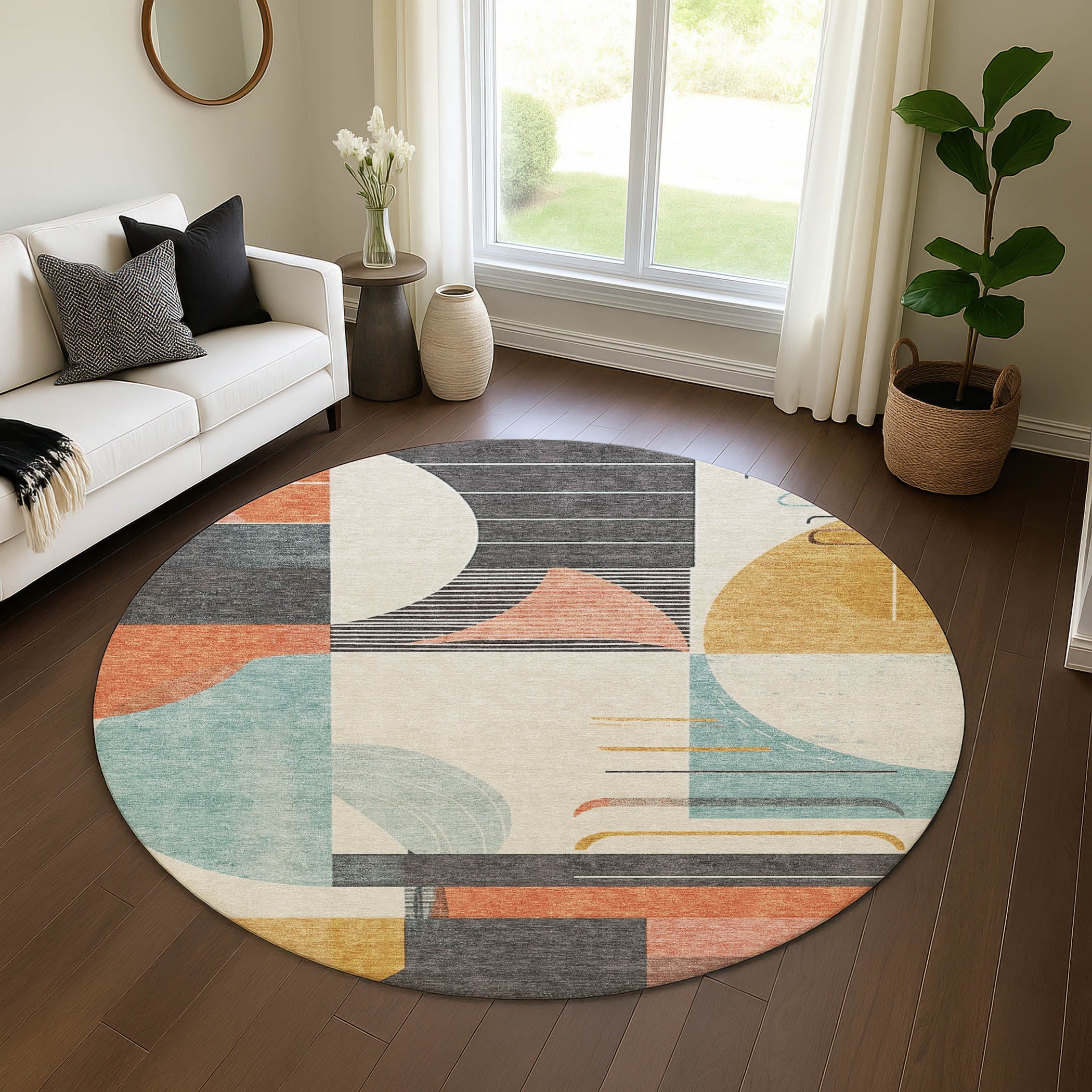 Oaxaca Machine Washable Transitional Gray Rug 8' x 8' #shape_Round