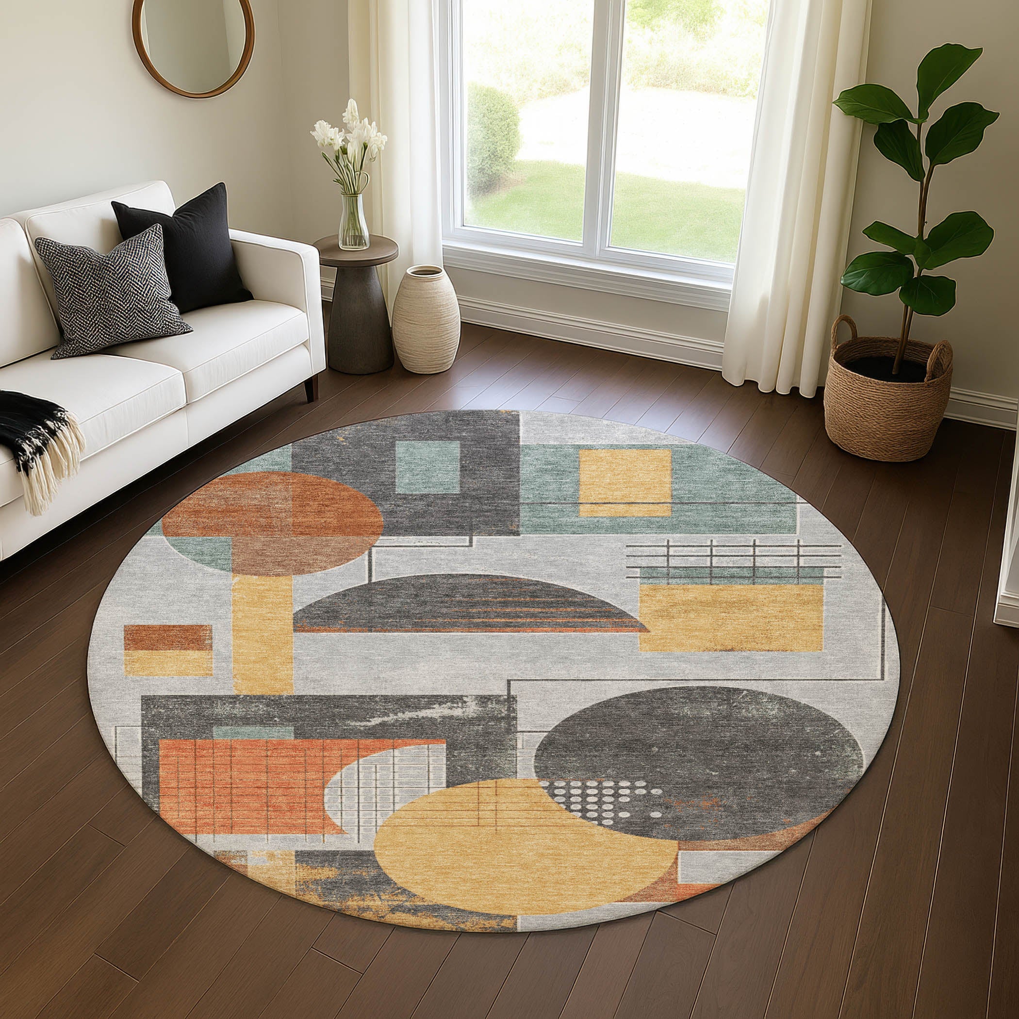 Split Machine Washable Transitional Gray Rug 8' x 8' #shape_Round