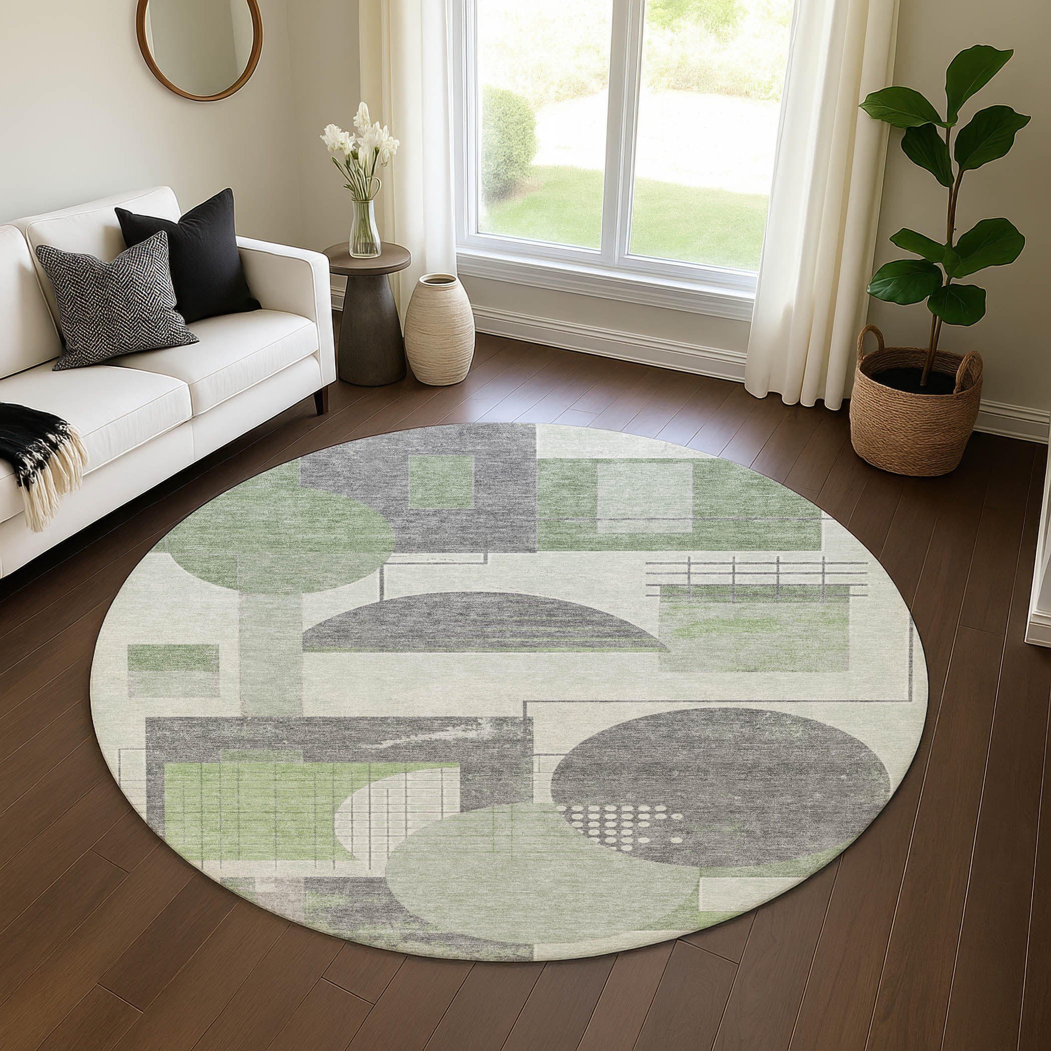 Split Machine Washable Transitional Green Rug 8' x 8' #shape_Round