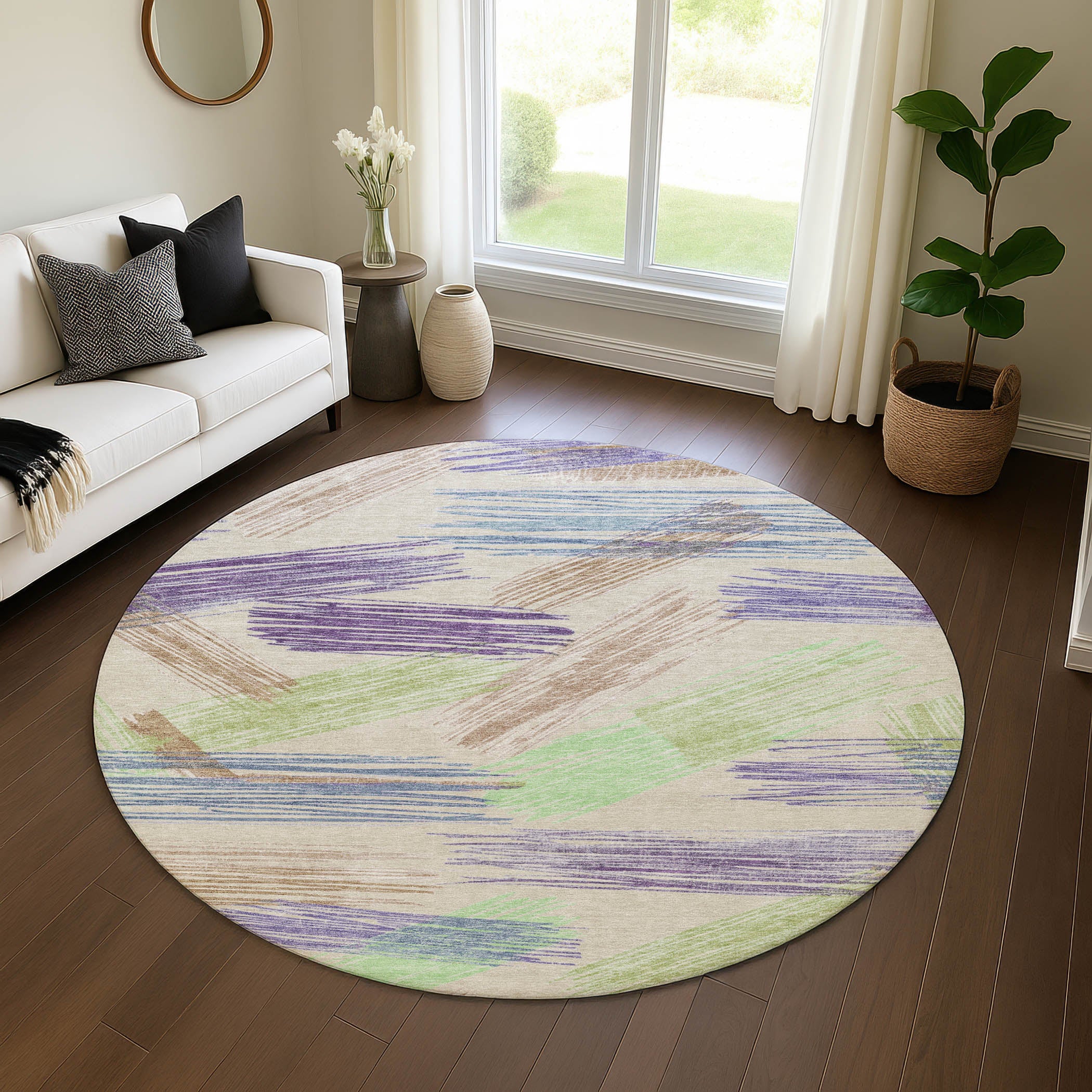 Bruges Machine Washable Transitional Beige Brown Rug 8' x 8' #shape_Round