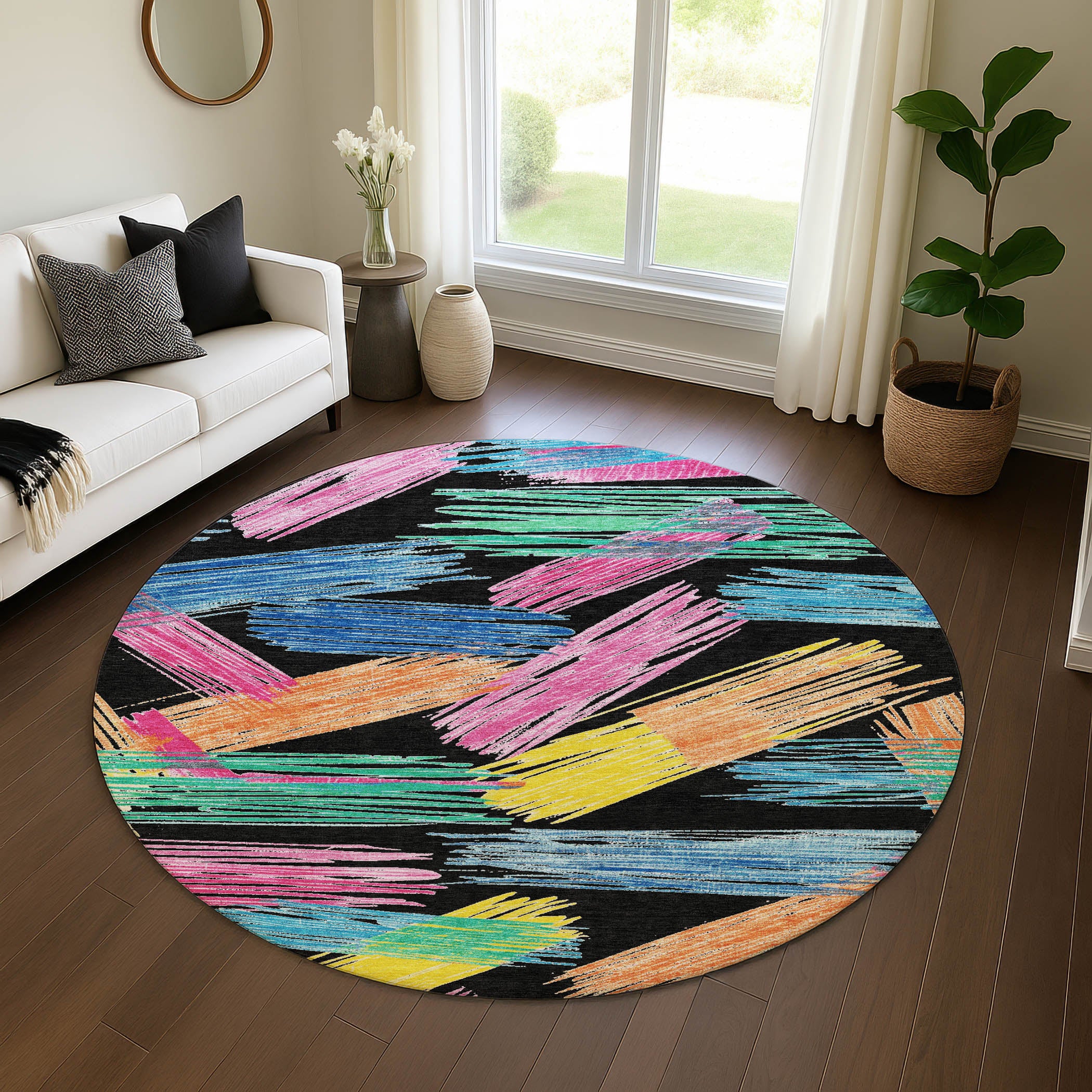 Bruges Machine Washable Transitional Black Rug 8' x 8' #shape_Round