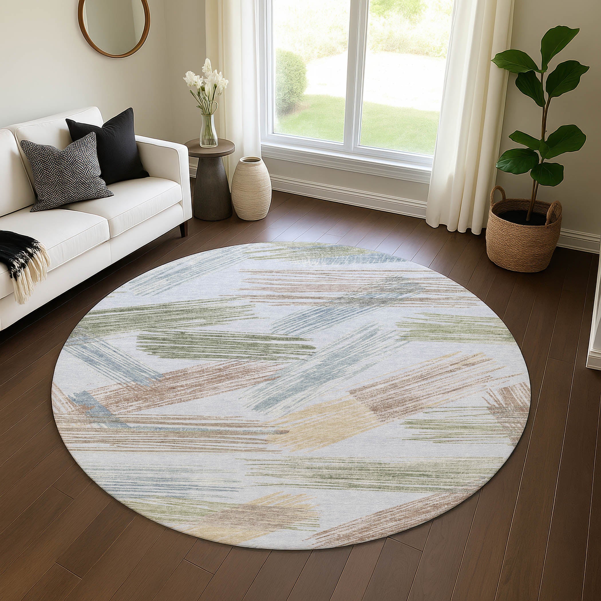 Bruges Machine Washable Transitional Sky Blue Rug 8' x 8' #shape_Round