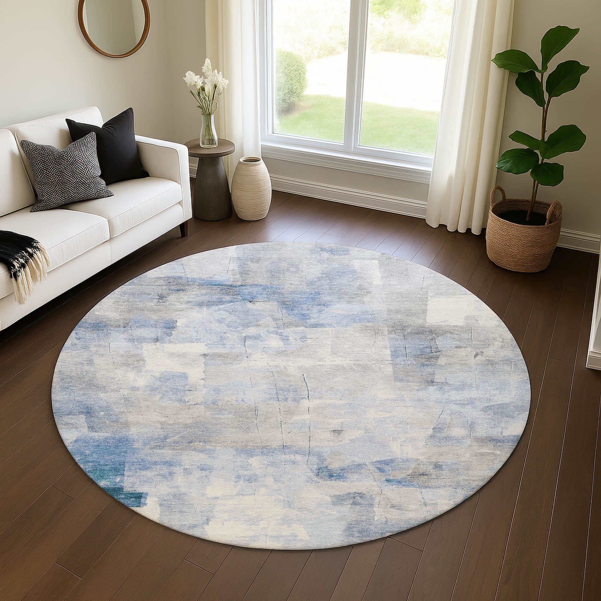 Dublin Machine Washable Transitional Denim Blue Rug 8' x 8' #shape_Round