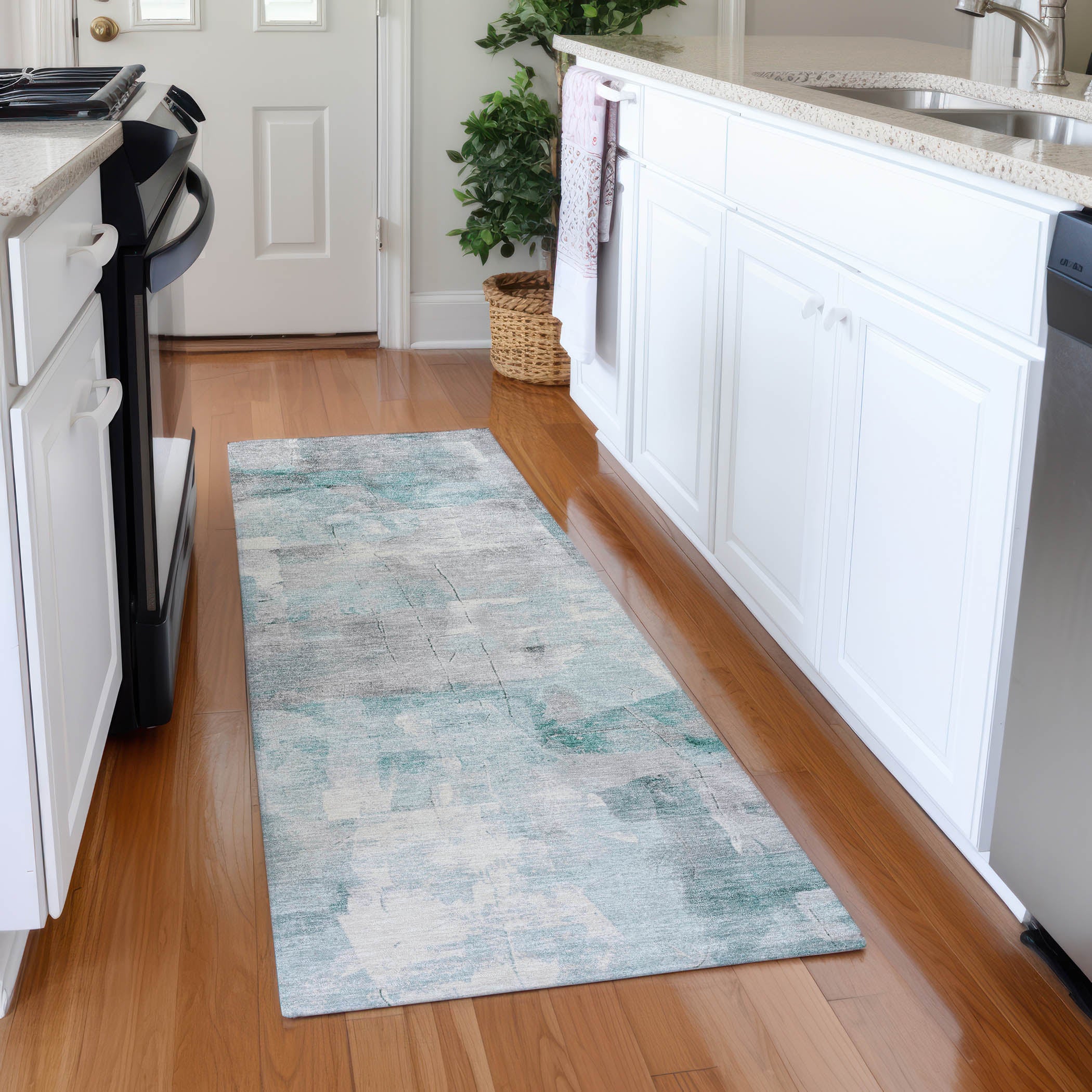 Dublin Machine Washable Transitional Teal Rug 2'3" x 7'6" #shape_Runner